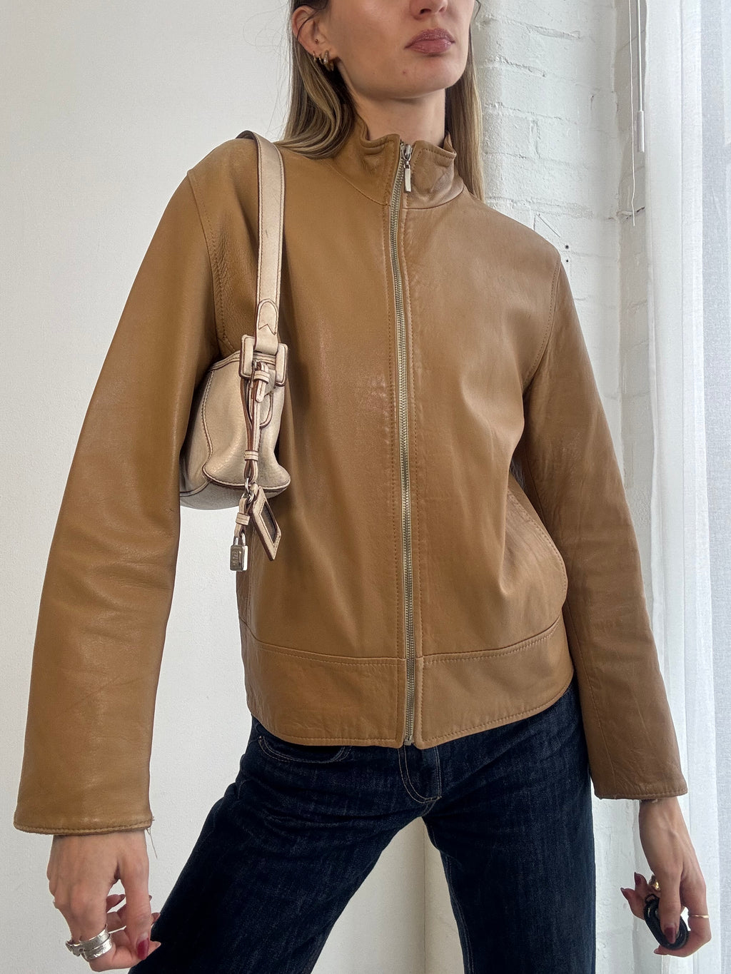 Vintage Y2K tan leather zip jacket