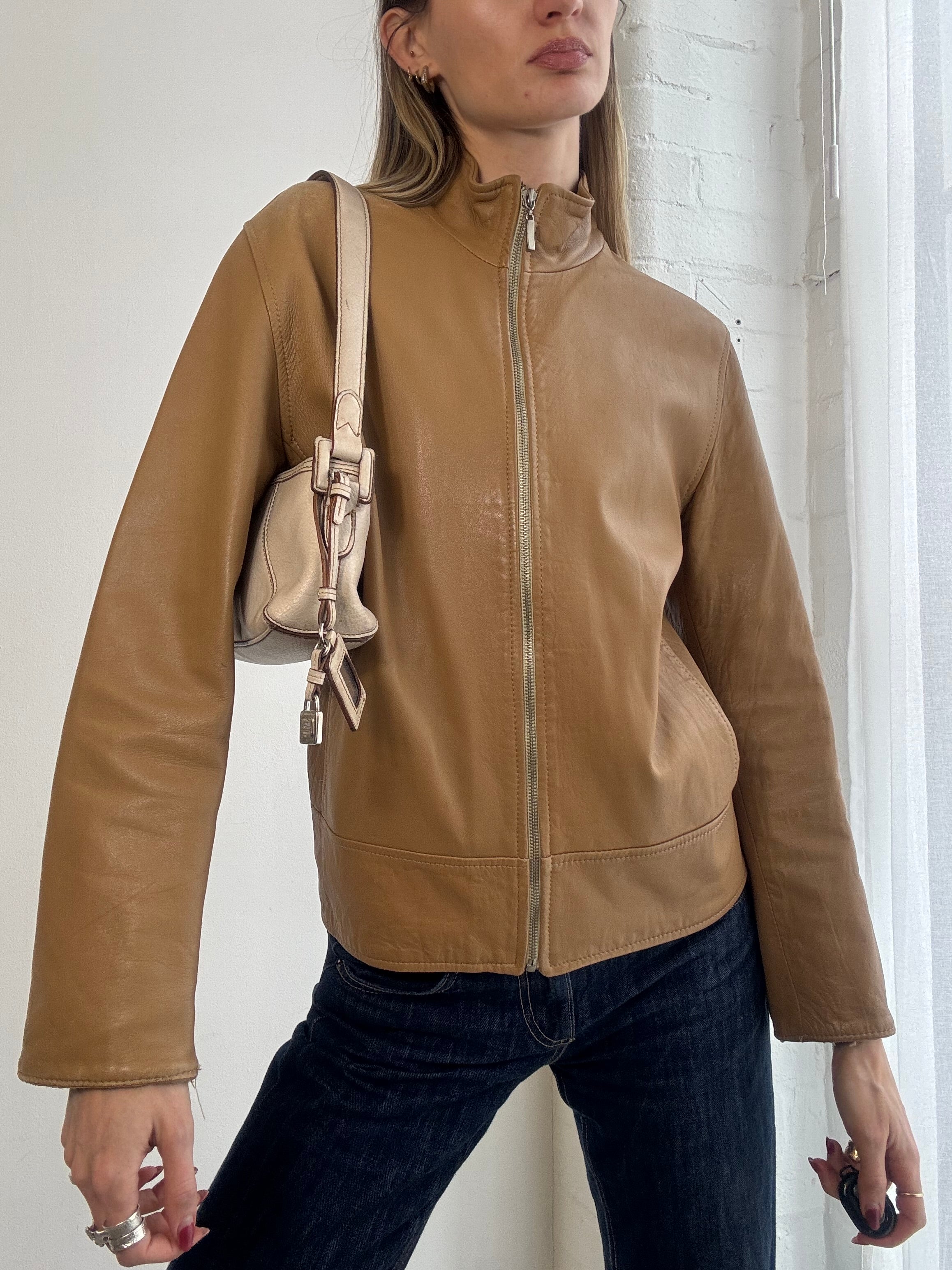 Vintage Y2K tan leather zip jacket