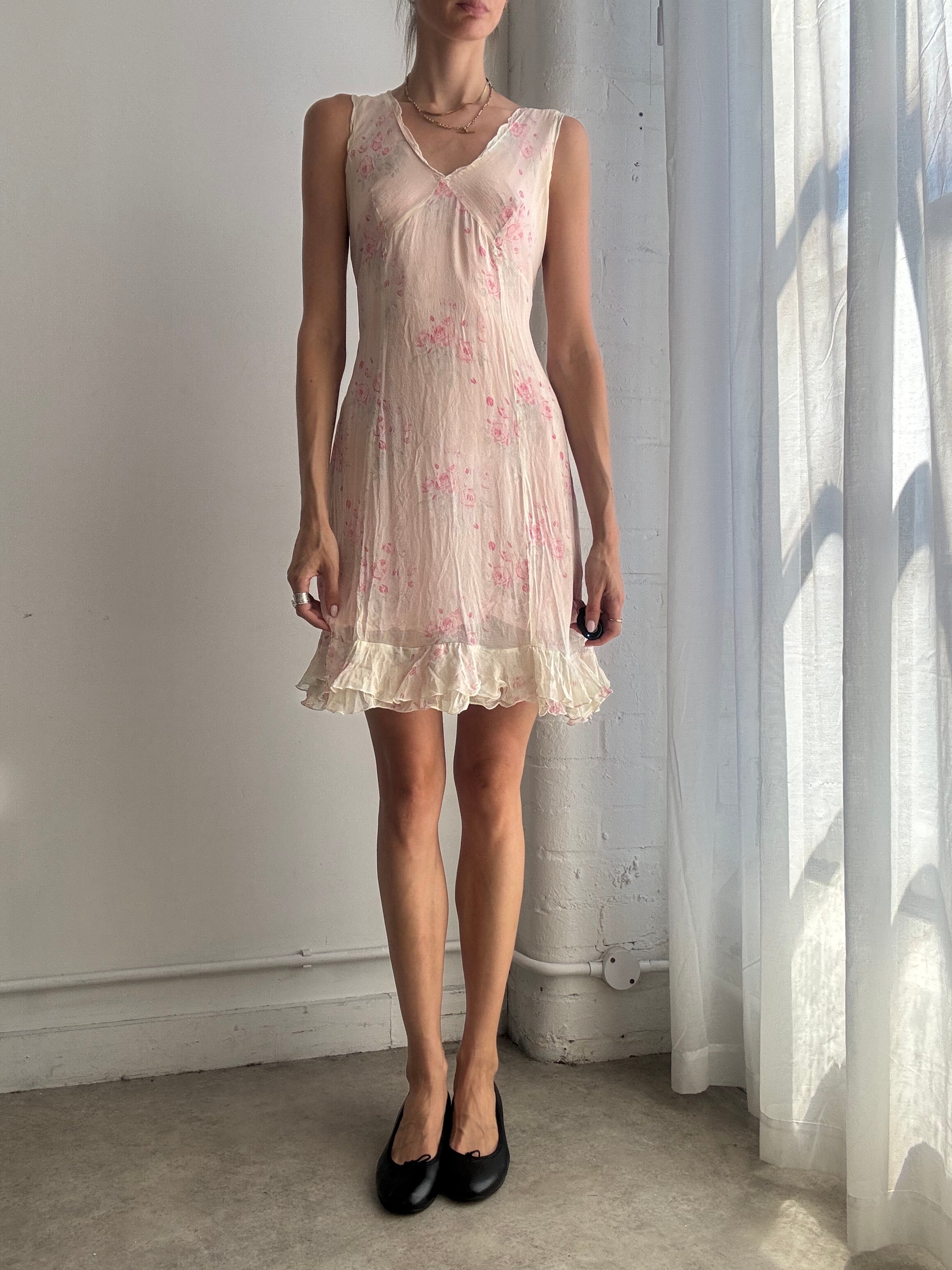Vintage Max & Co Pink Floral Ruffle Silk Mini Dress Y2K - Size M