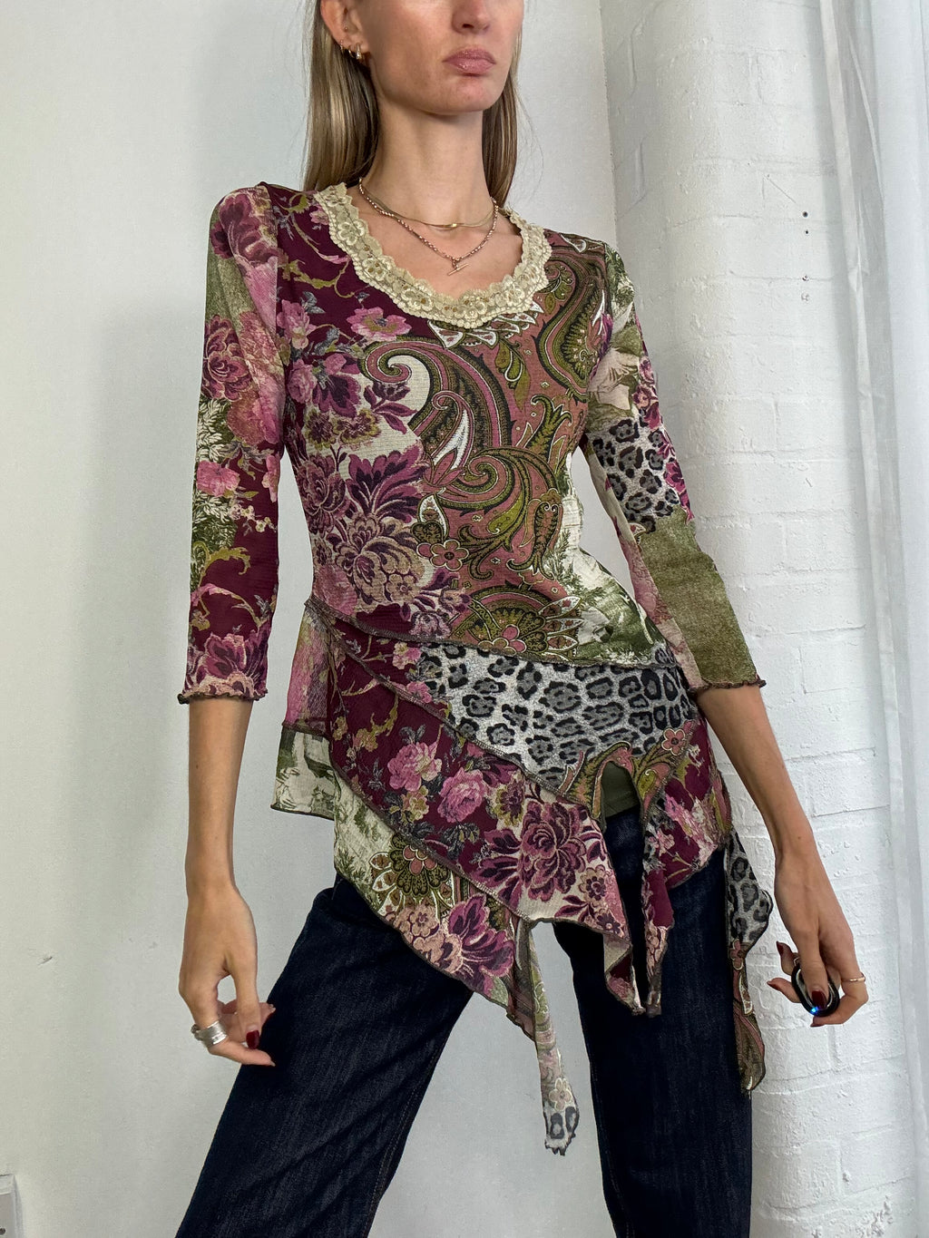 Vintage Y2K graphic mesh & lace top