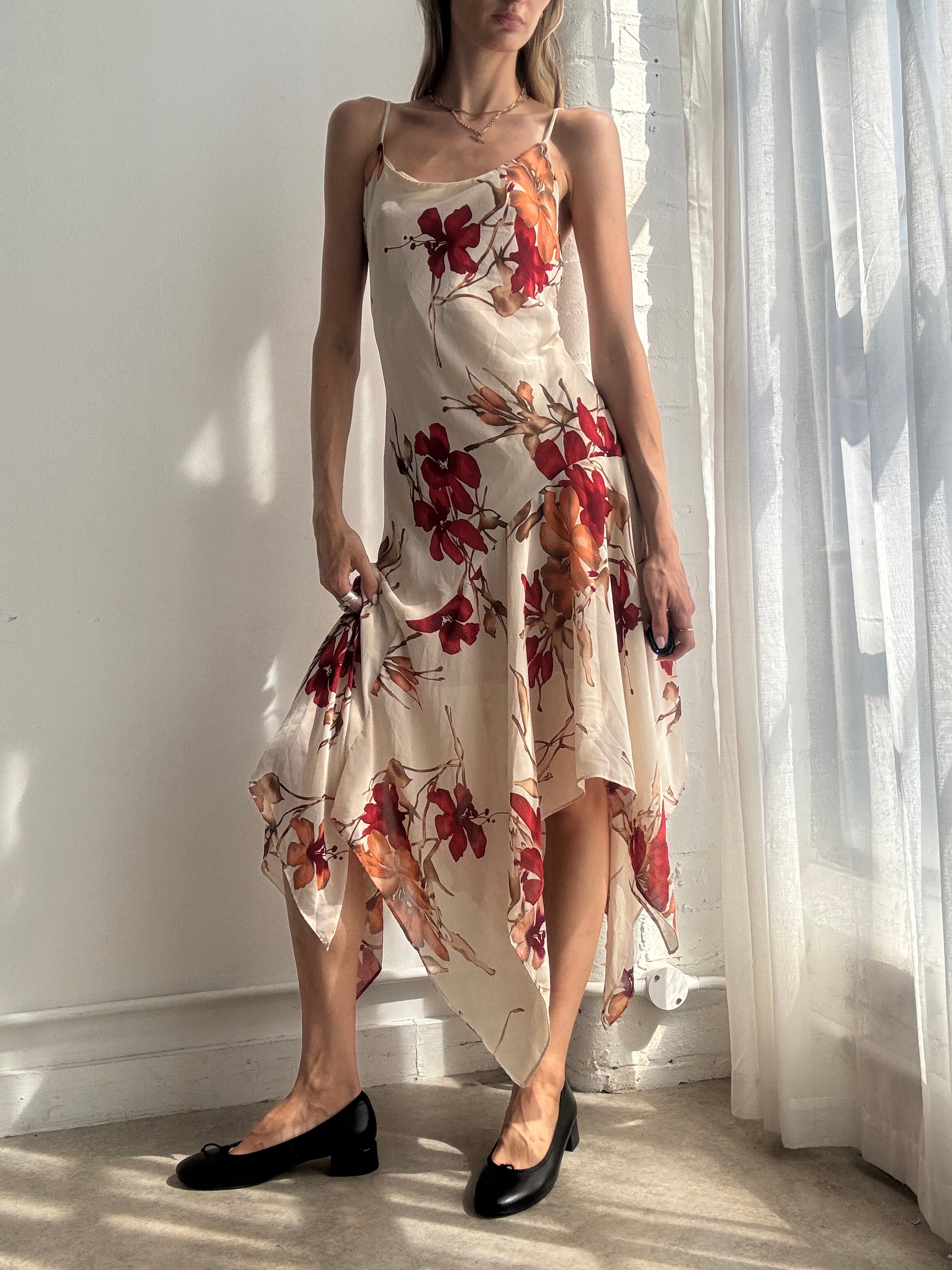Vintage Y2K Floral Handkerchief Hem Slip Dress - Size L