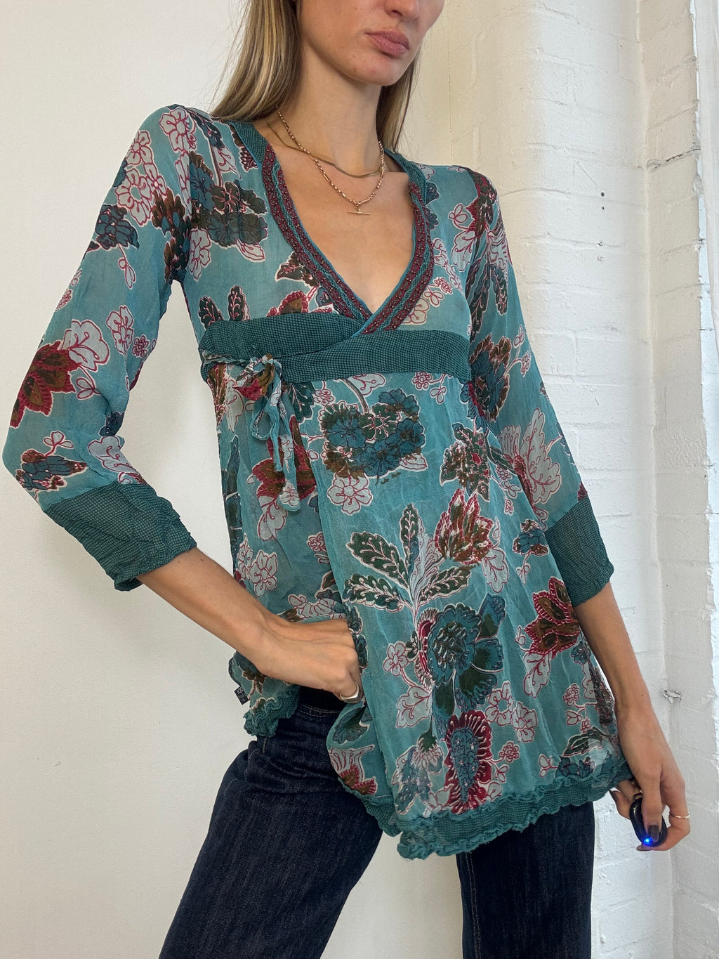 Vintage Y2K Didi Teal Floral Mesh Empire Waist Tunic Top - Size S