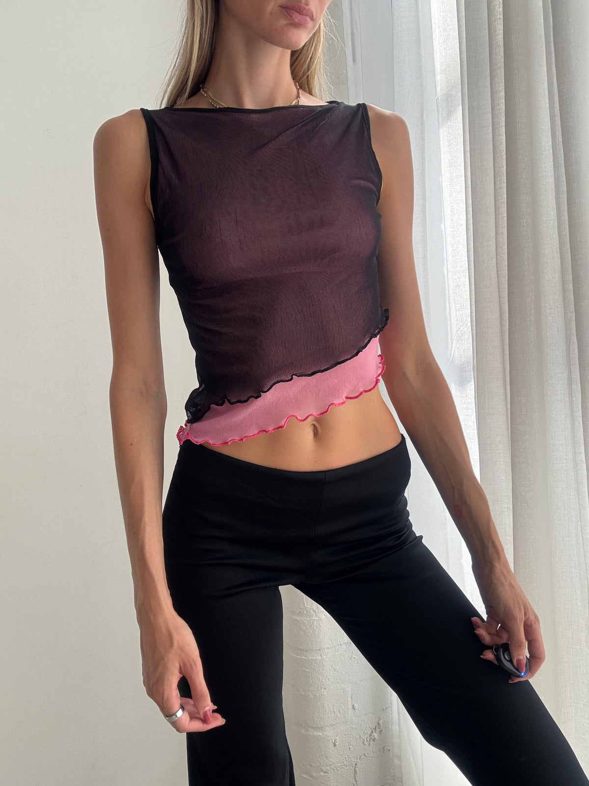 Vintage Y2K Brown & Pink Layered Mesh Asymmetric Top - Size XS