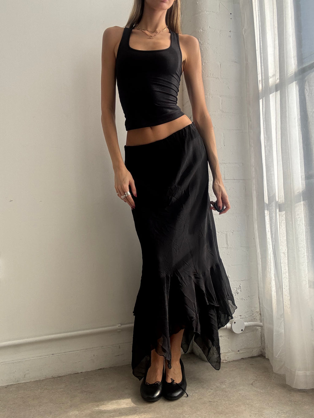 Vintage Y2K black mesh asymmetric maxi skirt