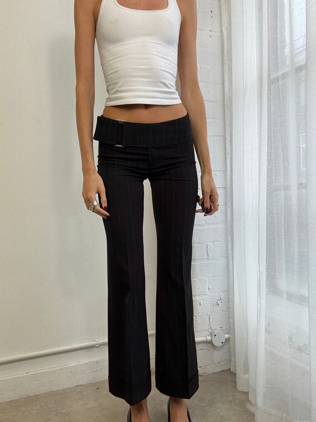 Vintage Y2K low rise black & pink pinstripe trousers
