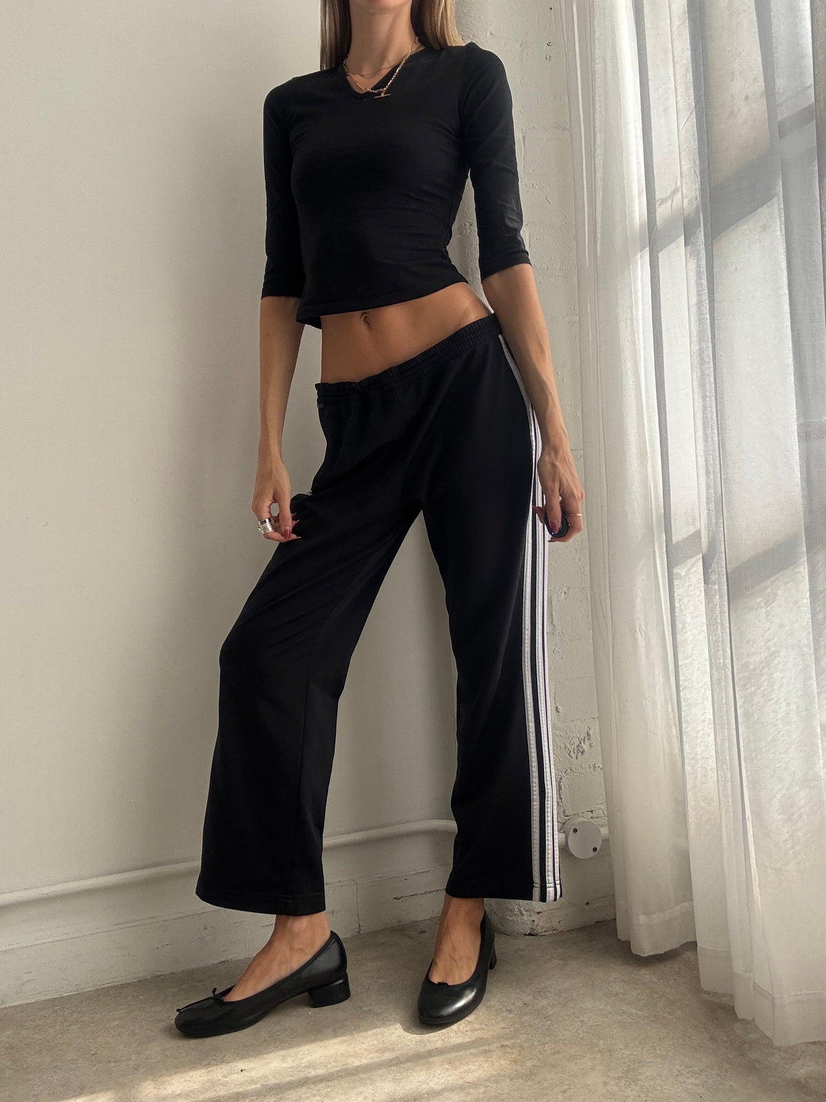 Vintage Y2K Adidas Black Three Stripe Cropped Trousers - Size M