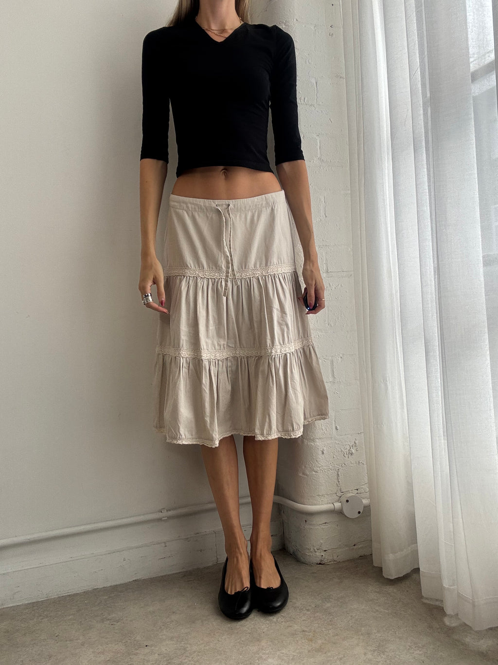 Vintage Y2K Beige Tiered Ruffle Midi Skirt - Size XS/S