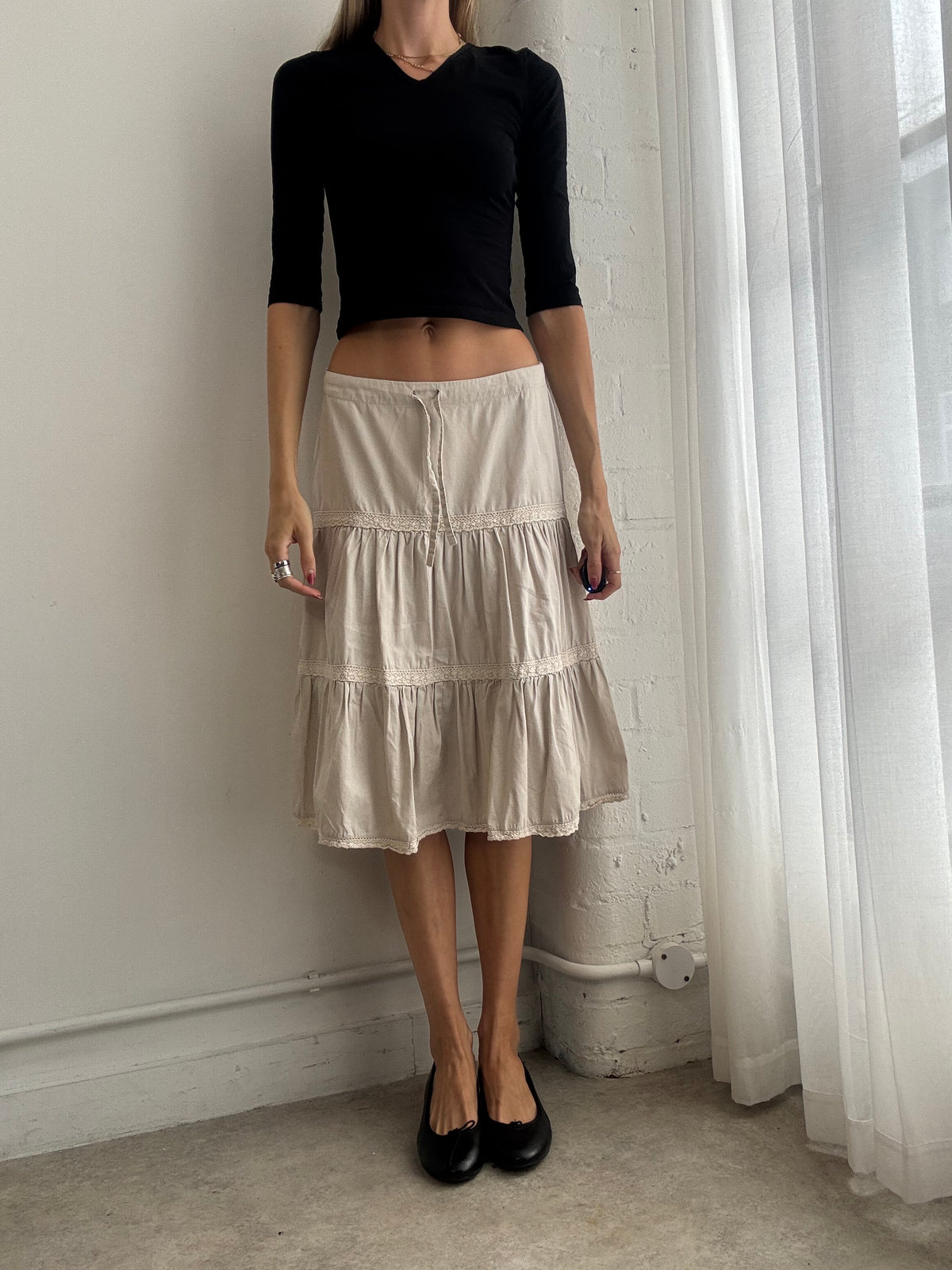 Vintage Y2K Beige Tiered Ruffle Midi Skirt - Size XS/S