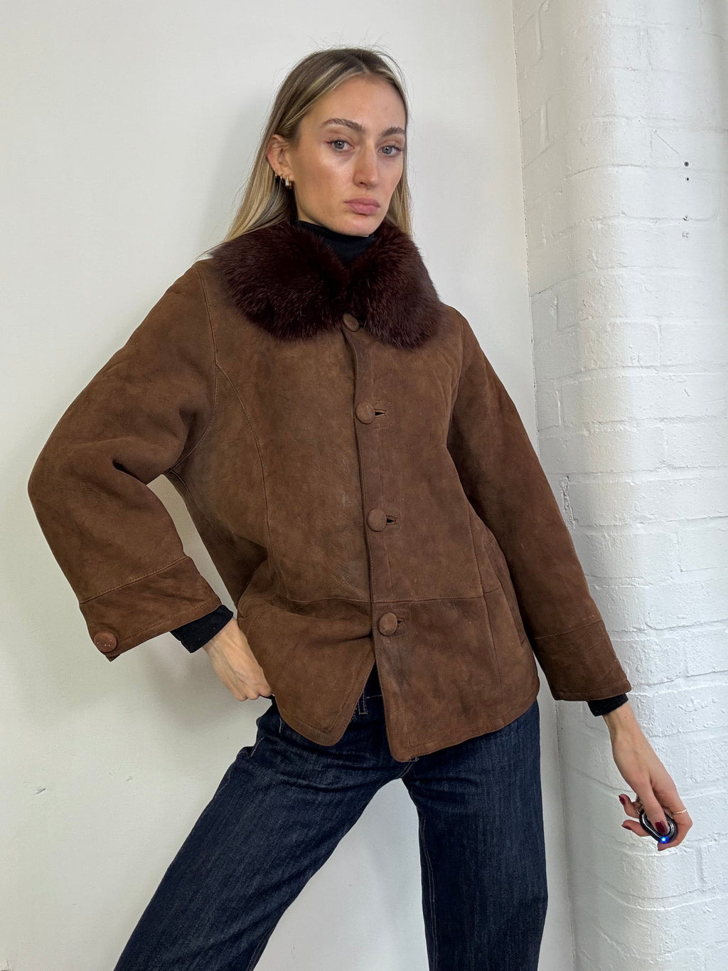 Vintage sheepskin coat with fox fur trim