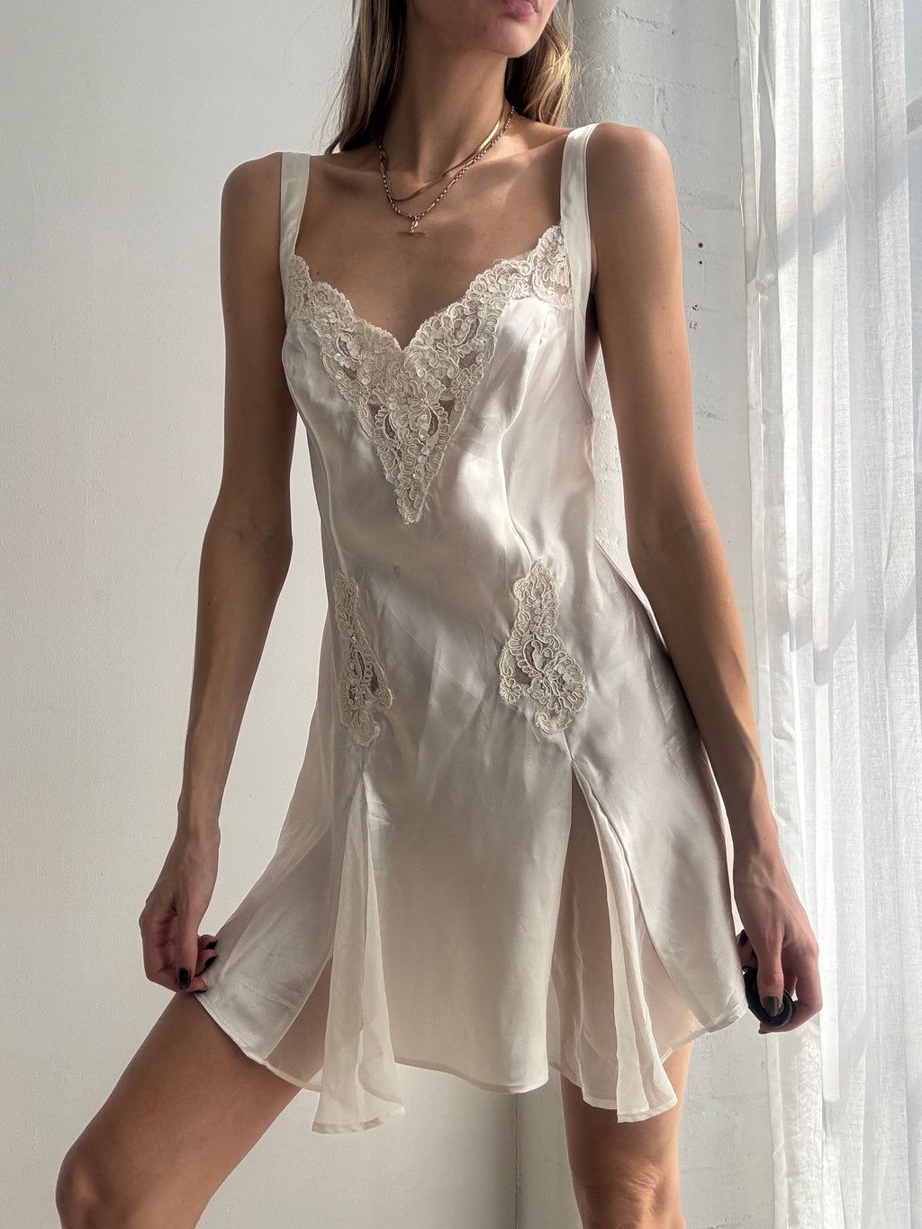 Vintage Y2K victoria's secret ivory satin slip dress with lace & embroidered details