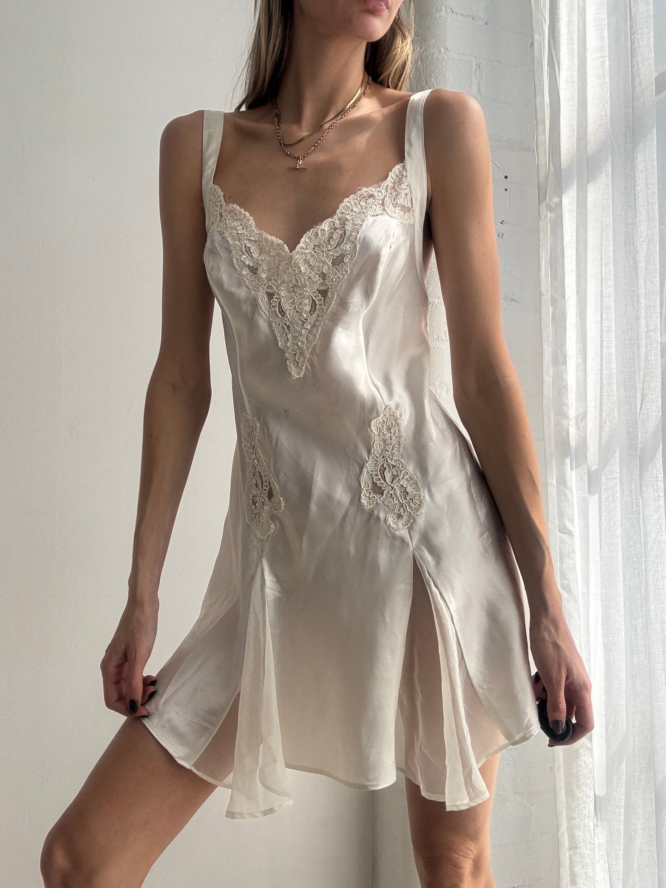 Vintage Y2K victoria's secret ivory satin slip dress with lace & embroidered details