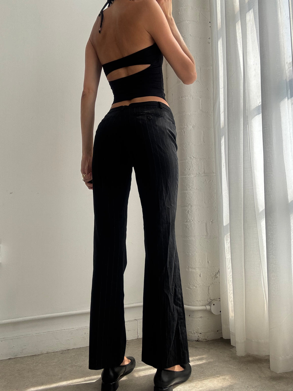 Vintage 90s Black Low Rise Pinstripe  Straight Leg Trousers - Size XS