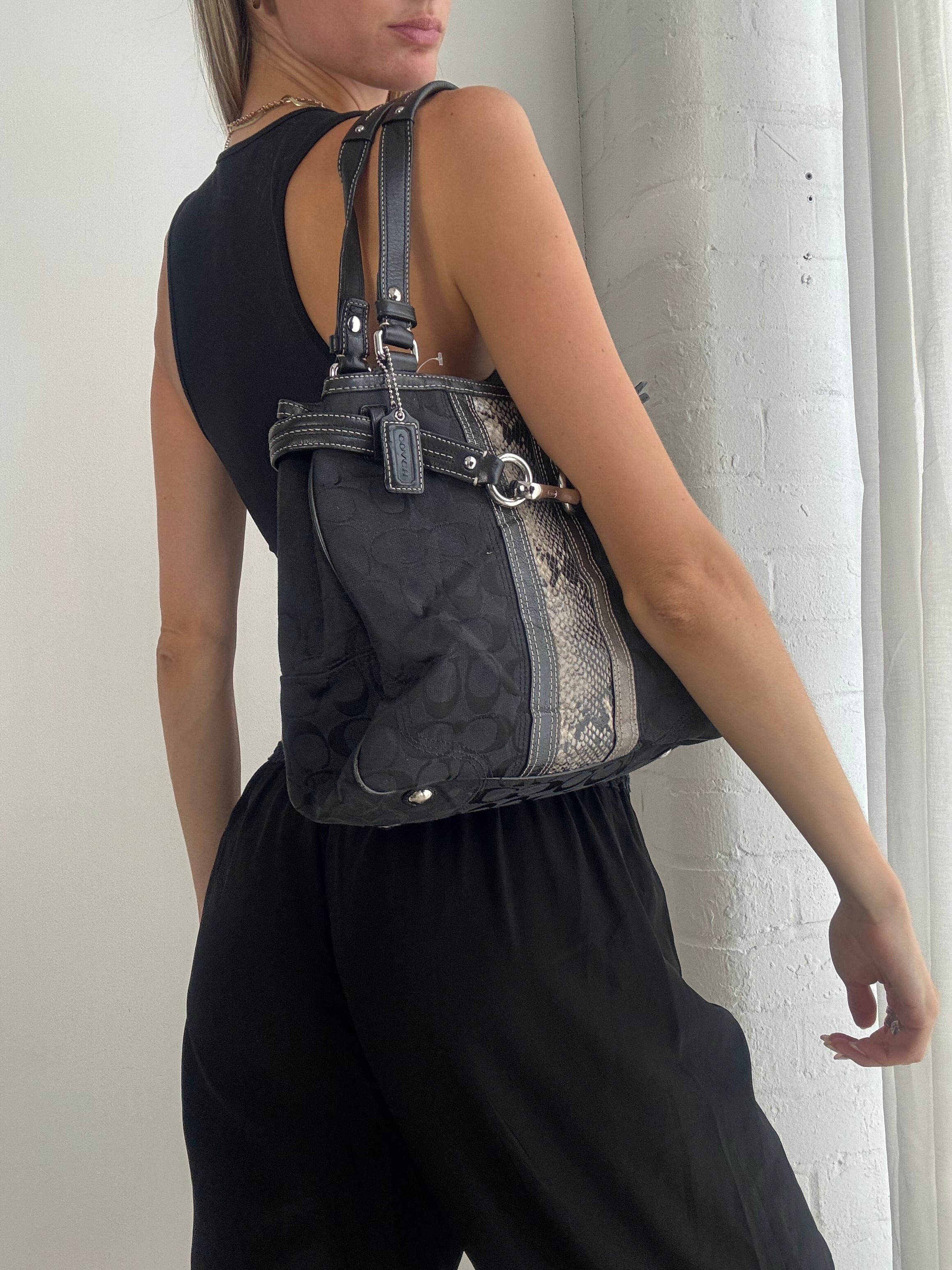 Vintage Y2K Coach Signature Canvas Shoulder Bag – Black Monogram & Python Stripe Tote