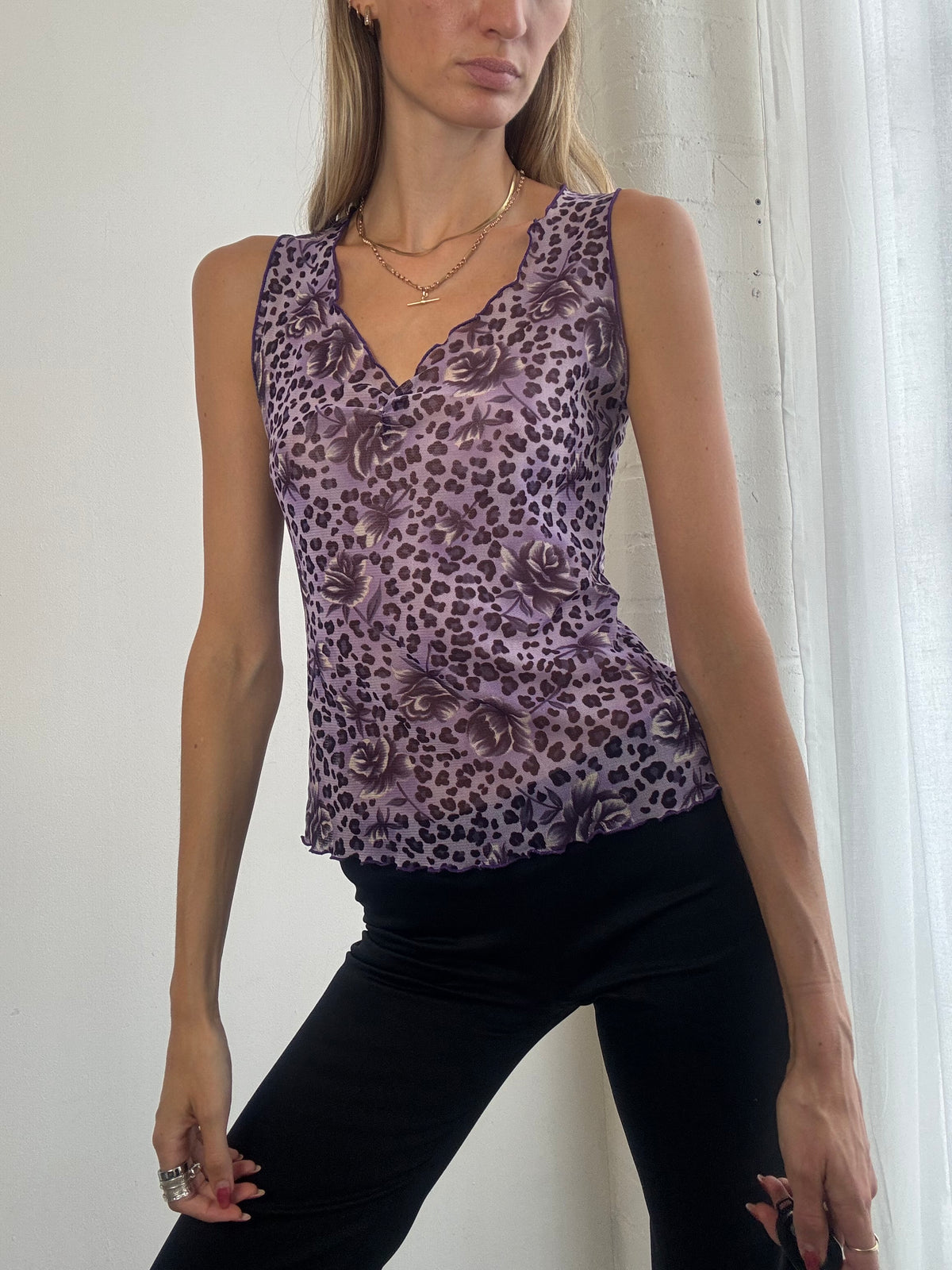 Vintage Y2K Purple Leopard & Floral Print Mesh Top - Size S