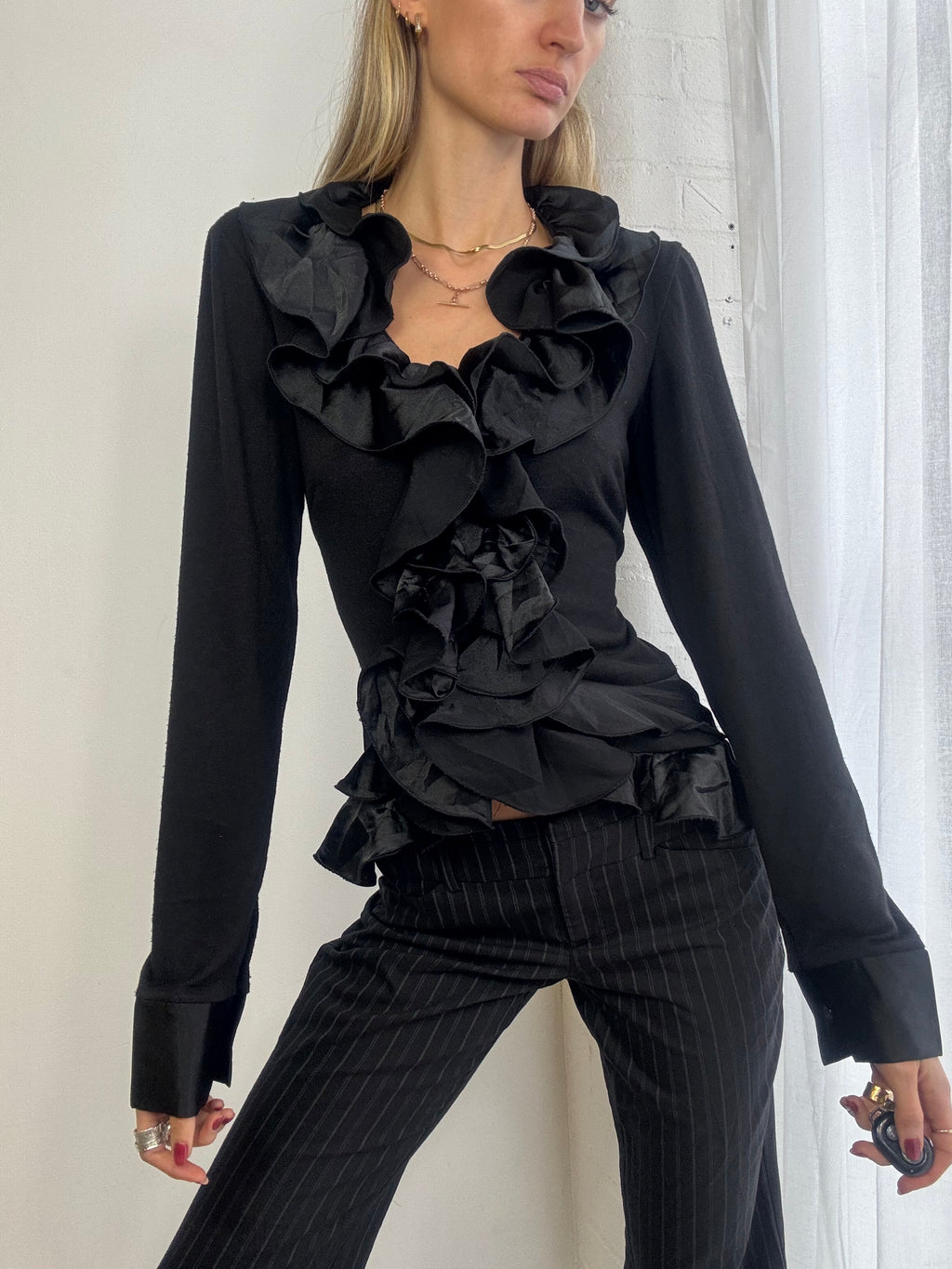 Vintage 90s black ruffle blouse