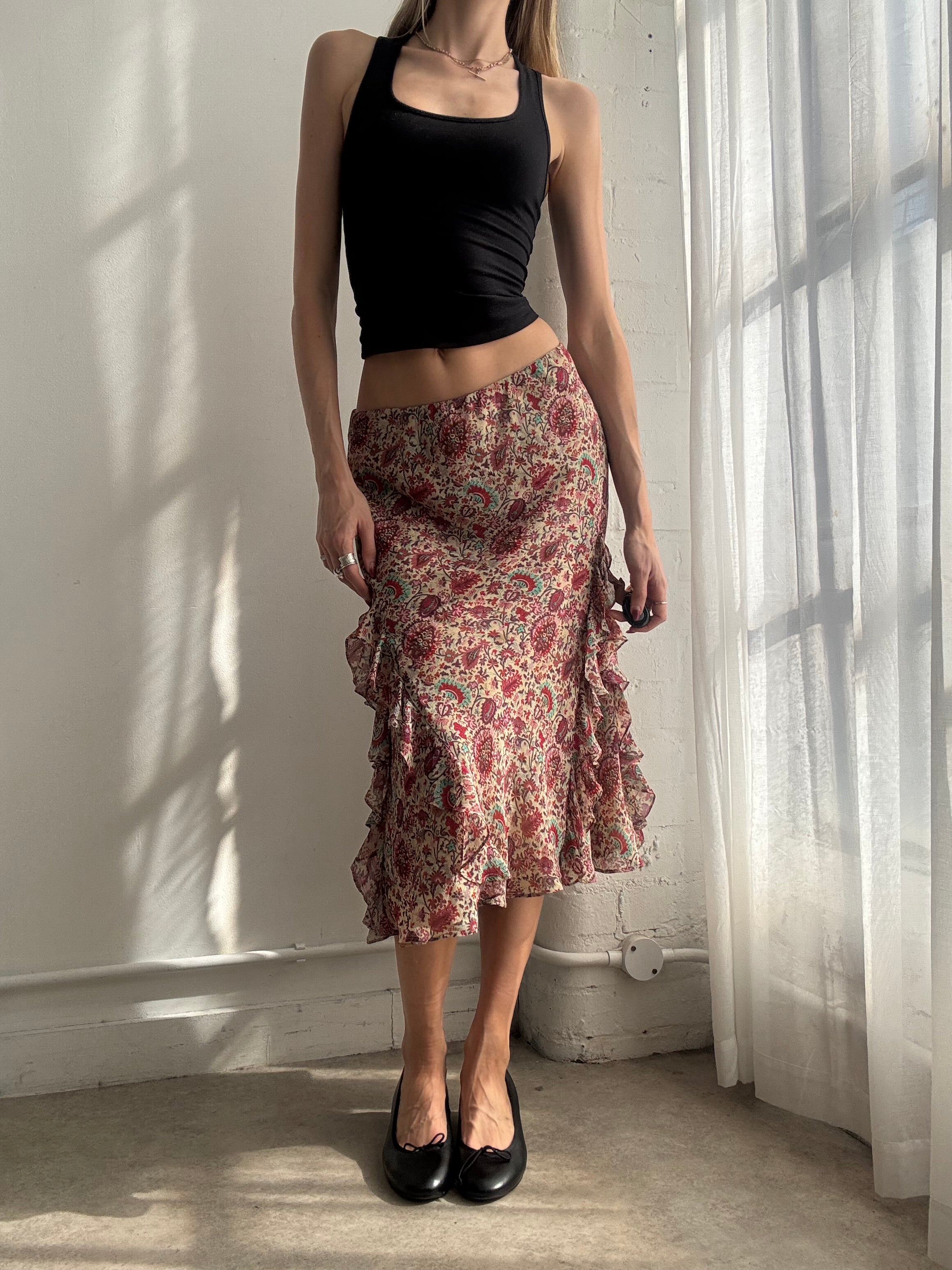 Vintage Y2K red floral ruffle midi skirt
