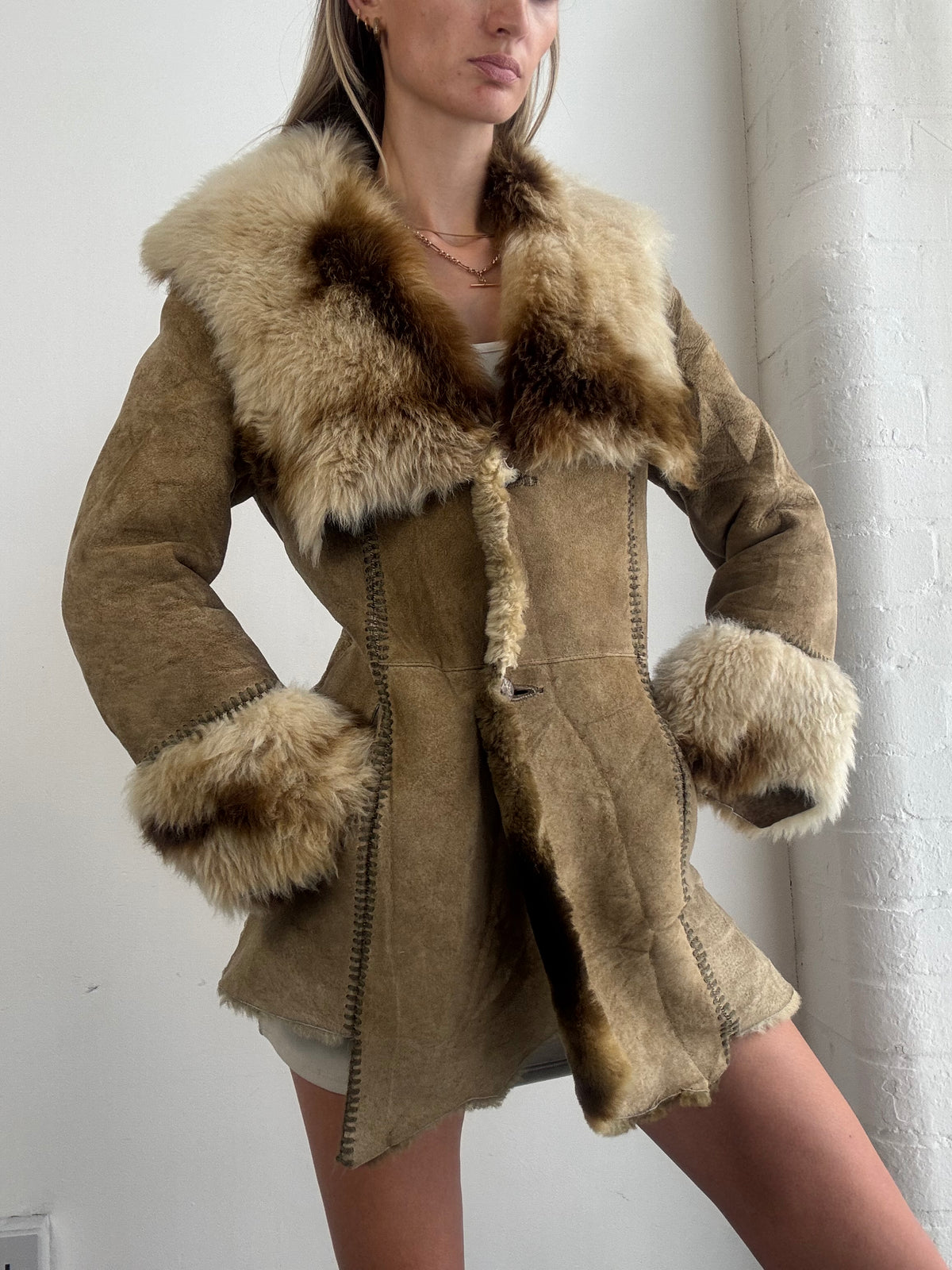 Vintage Y2K Tan Suede Fur Trim Afghan Shearling Coat - Size S