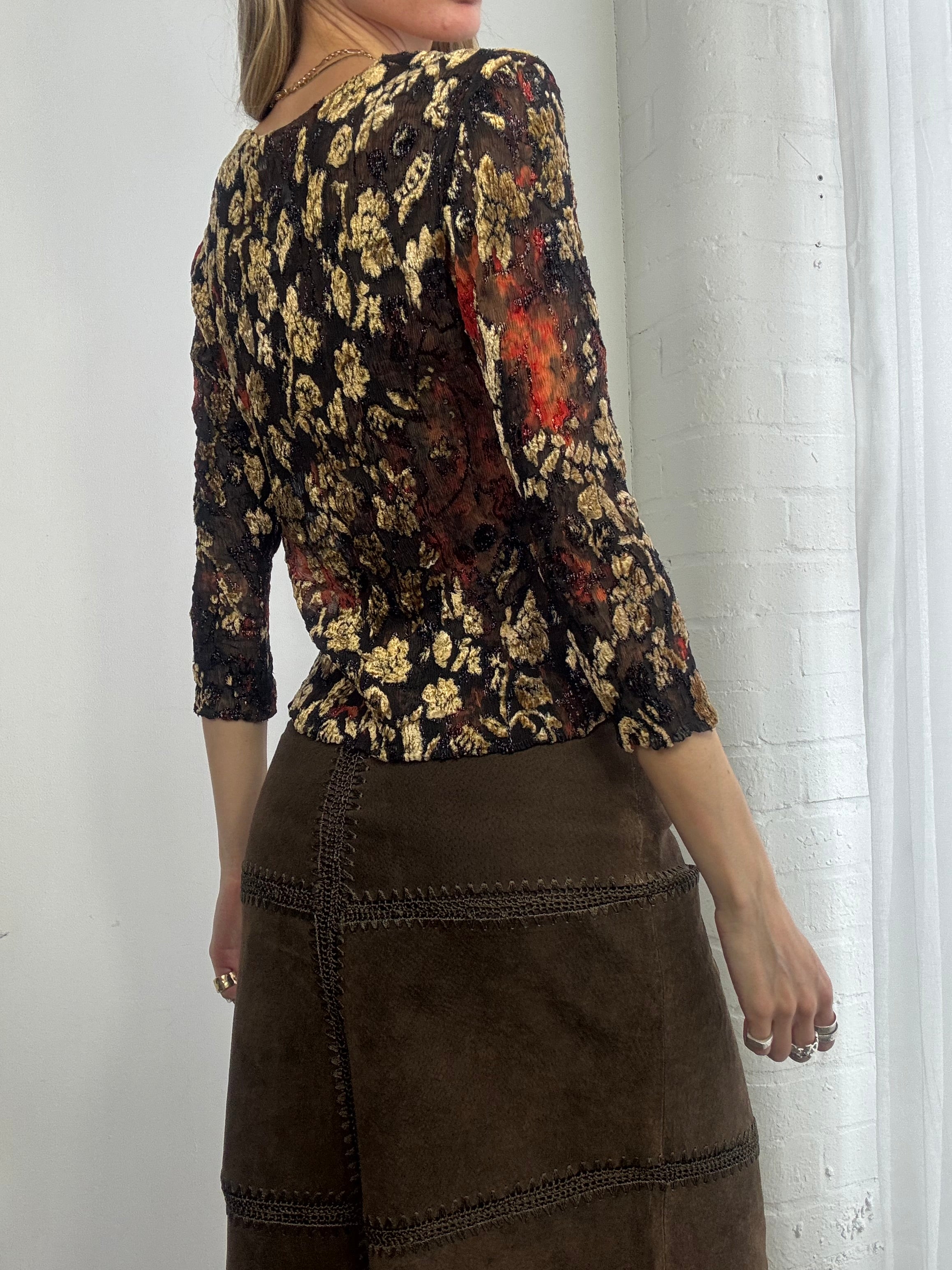 Vintage Y2K brown & orange floral open blouse - Size M