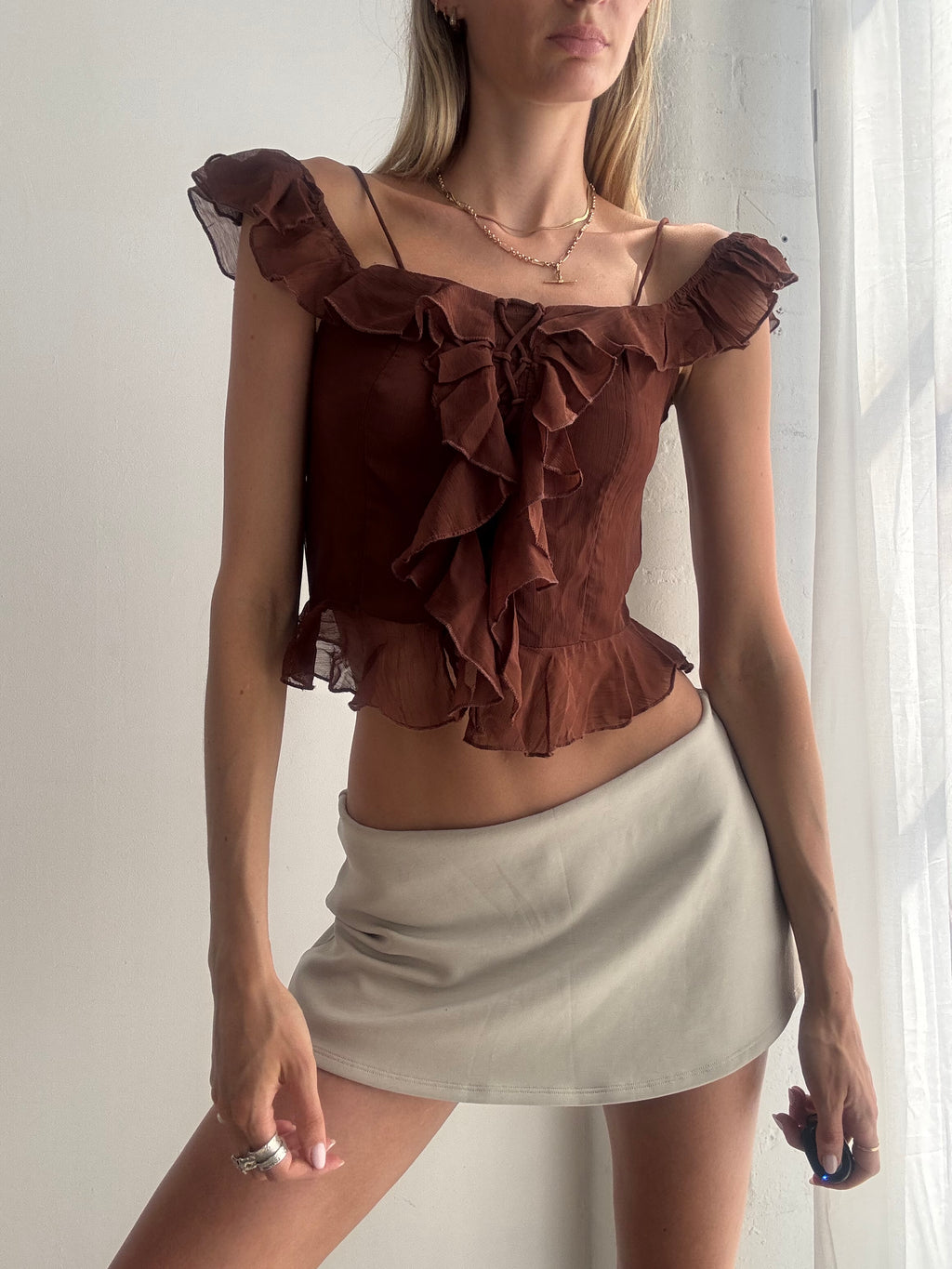 Vintage Y2K Brown Ruffle Mesh Crop Top Fairy Grunge Coquette - Size XS