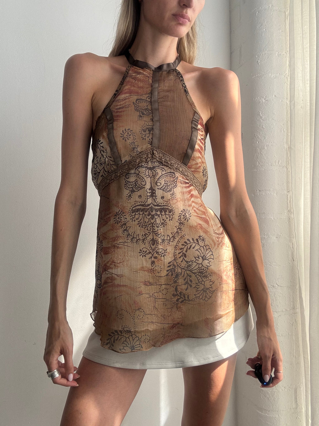 Vintage Y2K Brown Paisley Mesh Halterneck Top - Size S