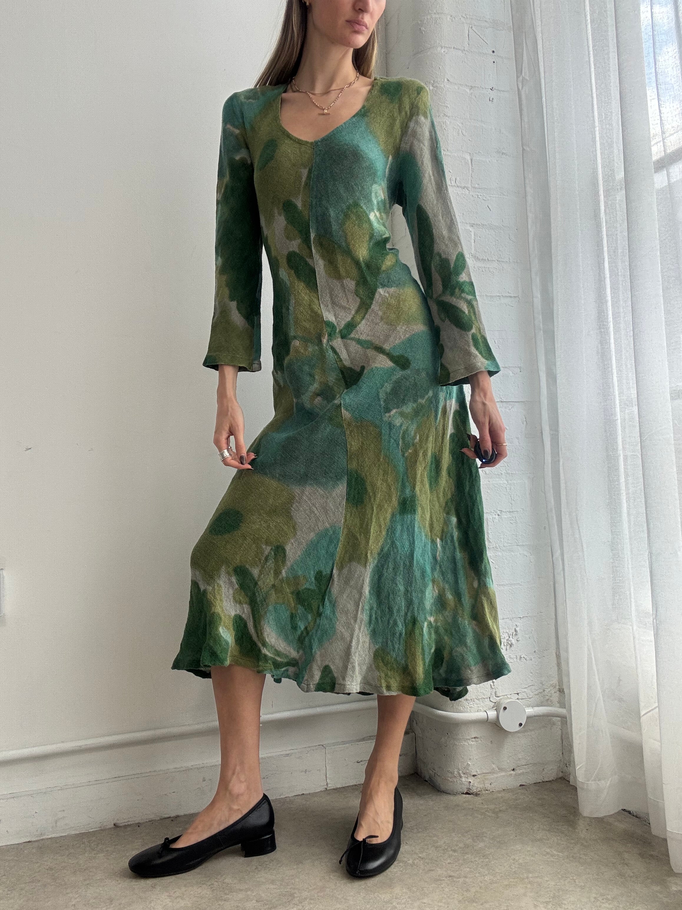 Vintage green linen abstract floral midi dress - Size M