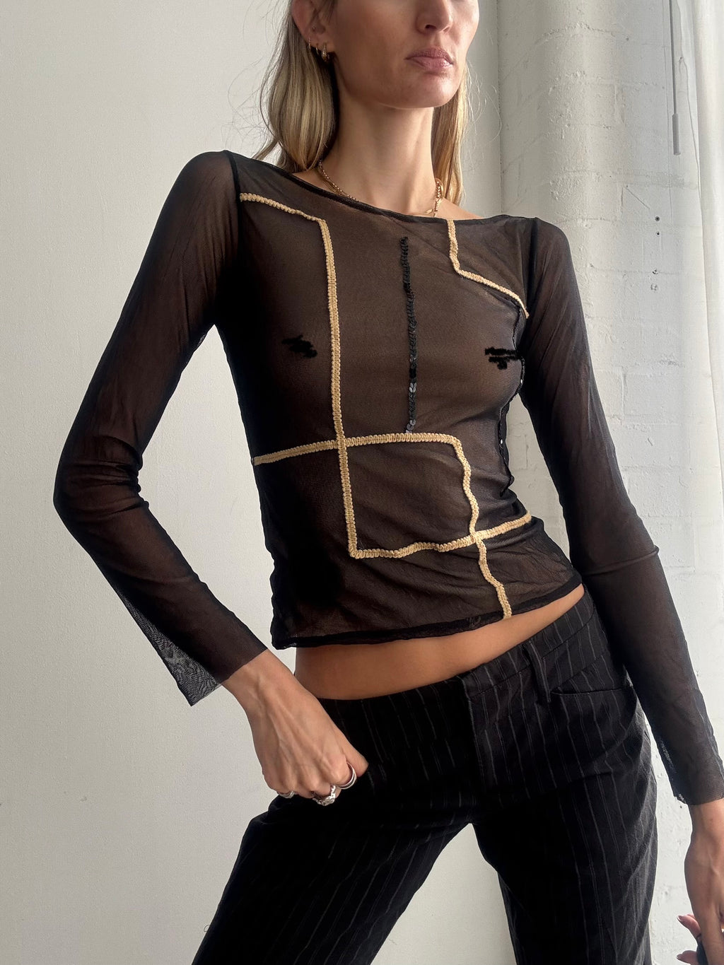 Vintage Y2K sheer mesh long sleeve top black sequin