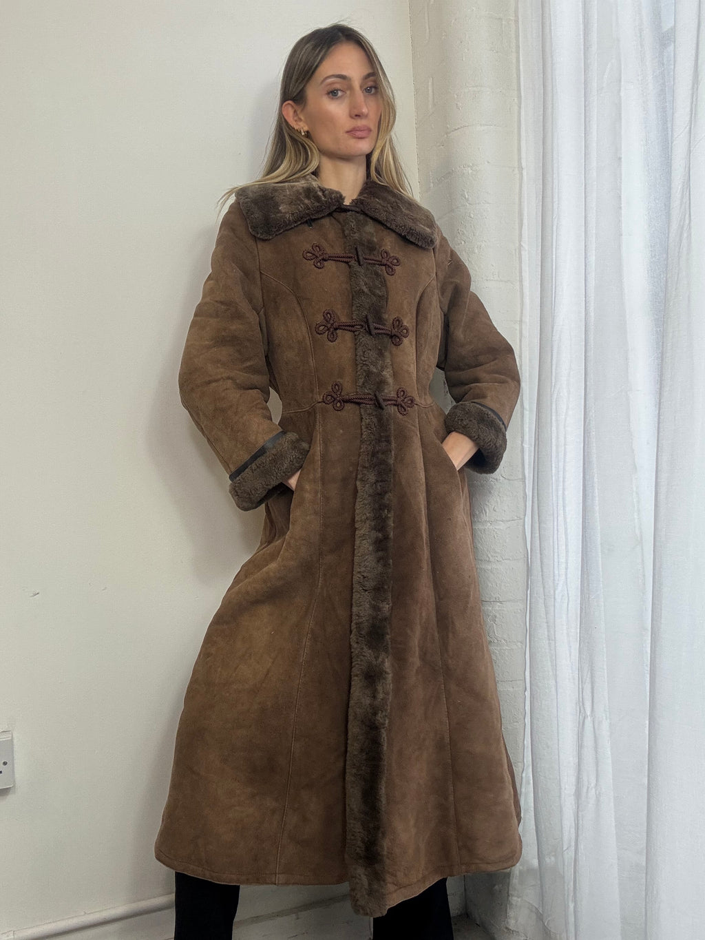 Vintage genuine suede sheepskin long brown coat