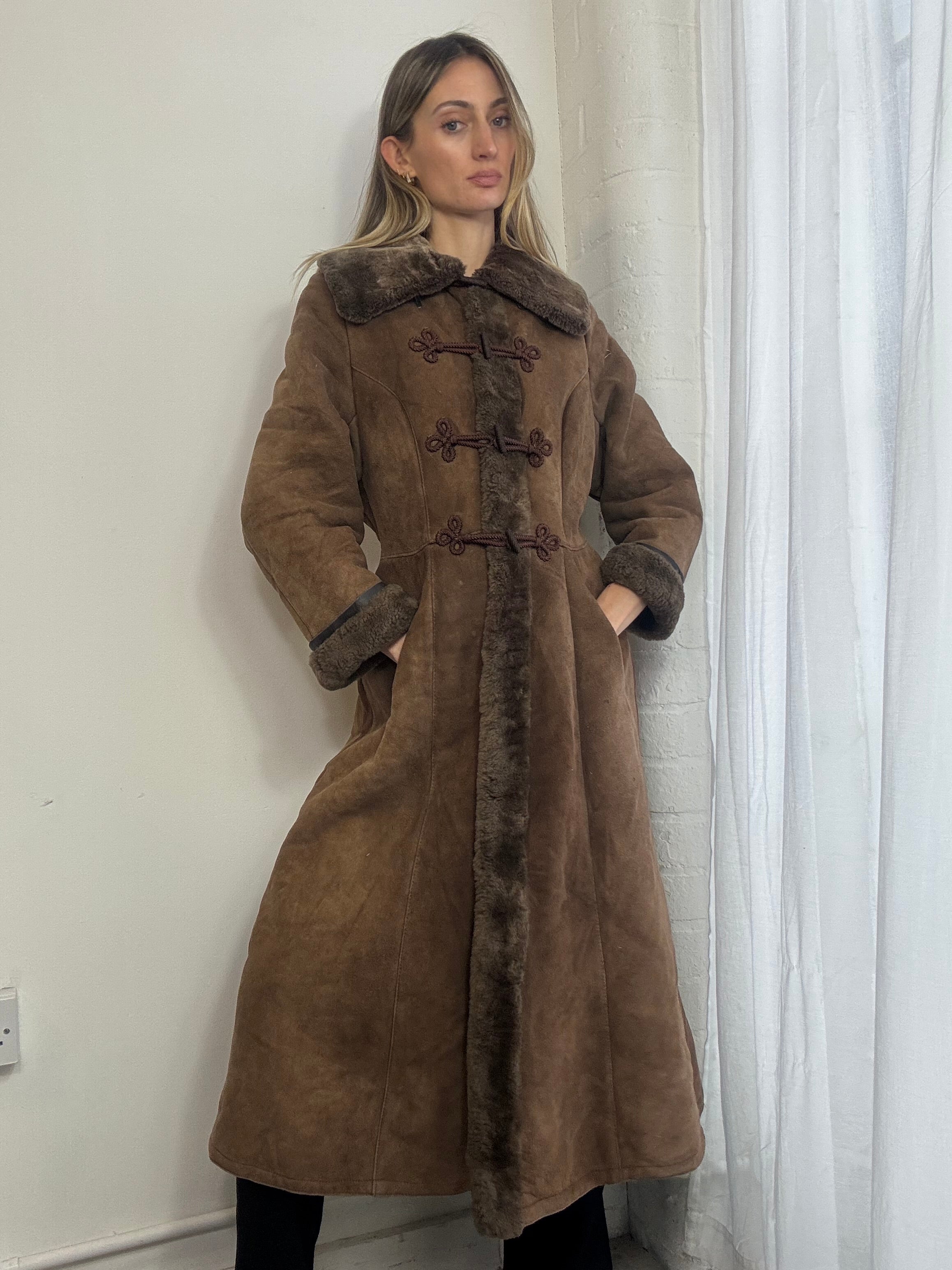 Vintage genuine suede sheepskin long brown coat
