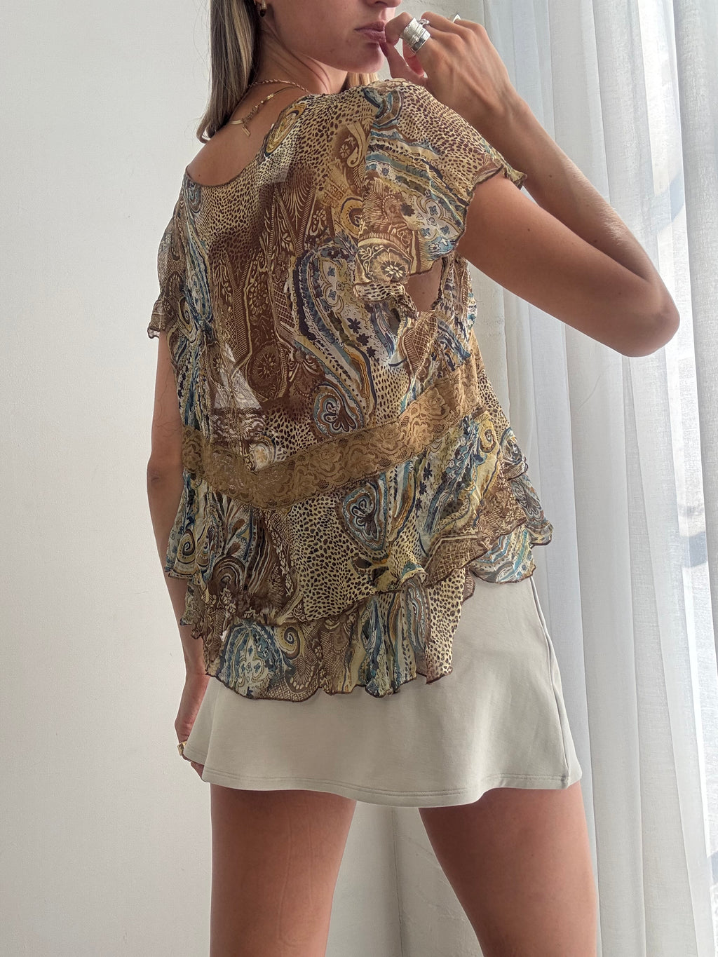 Vintage y2k Paisley Sheer Ruffle Tie Front Top - Size L