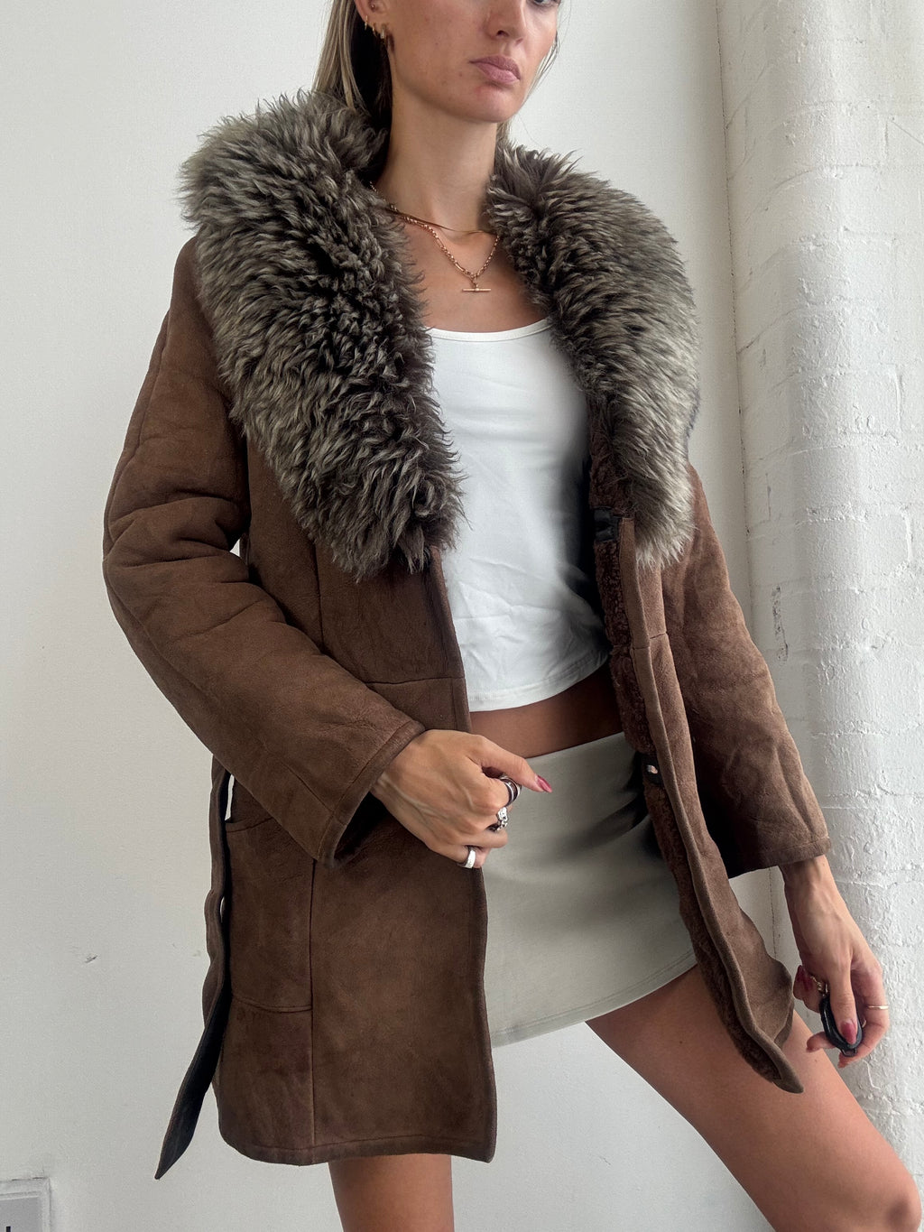 Vintage Y2K Brown Suede Sheepskin Belted Fur Collar Coat - Size M