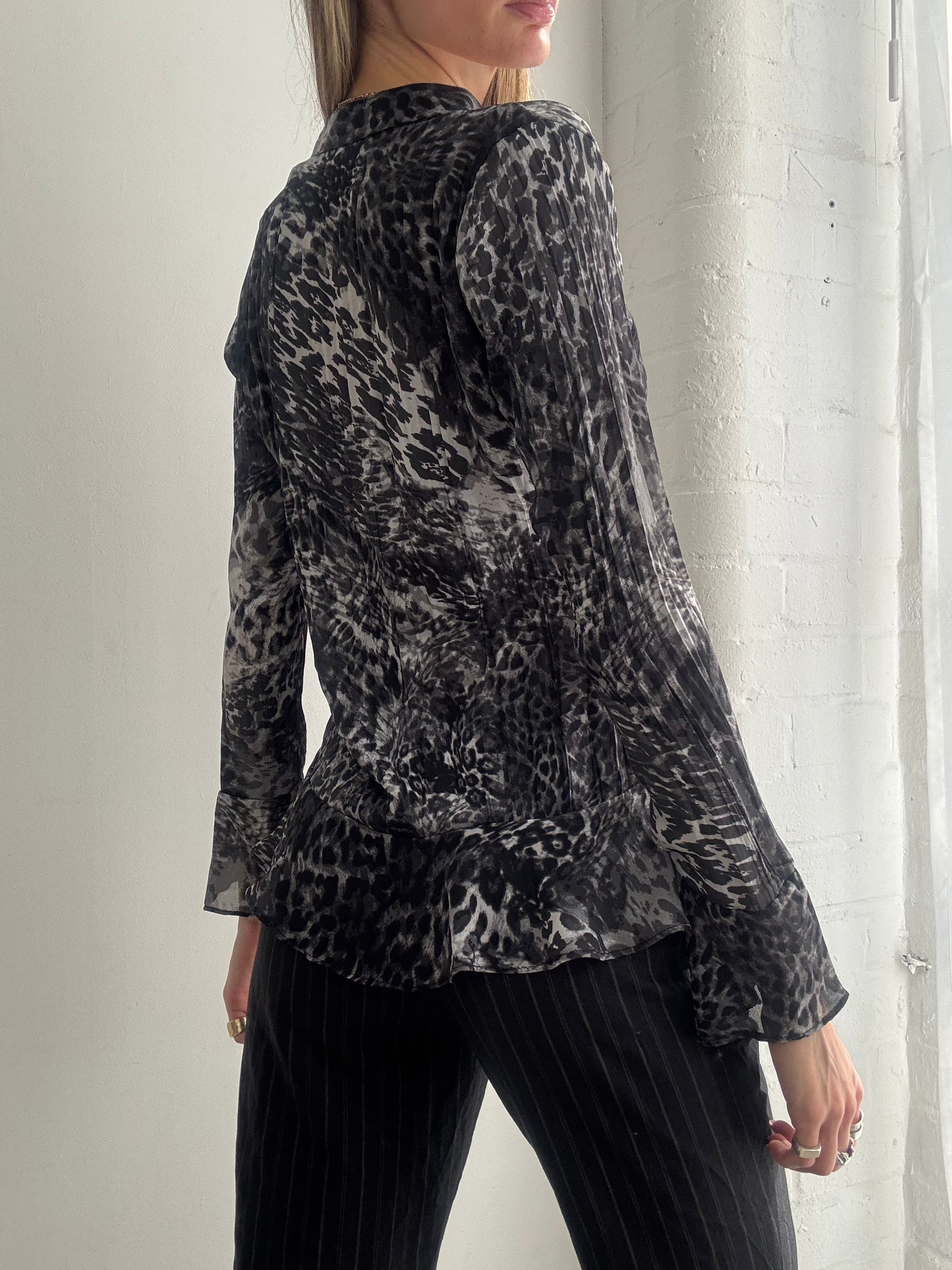 Vintage Y2K sheer animal print ruffle blouse