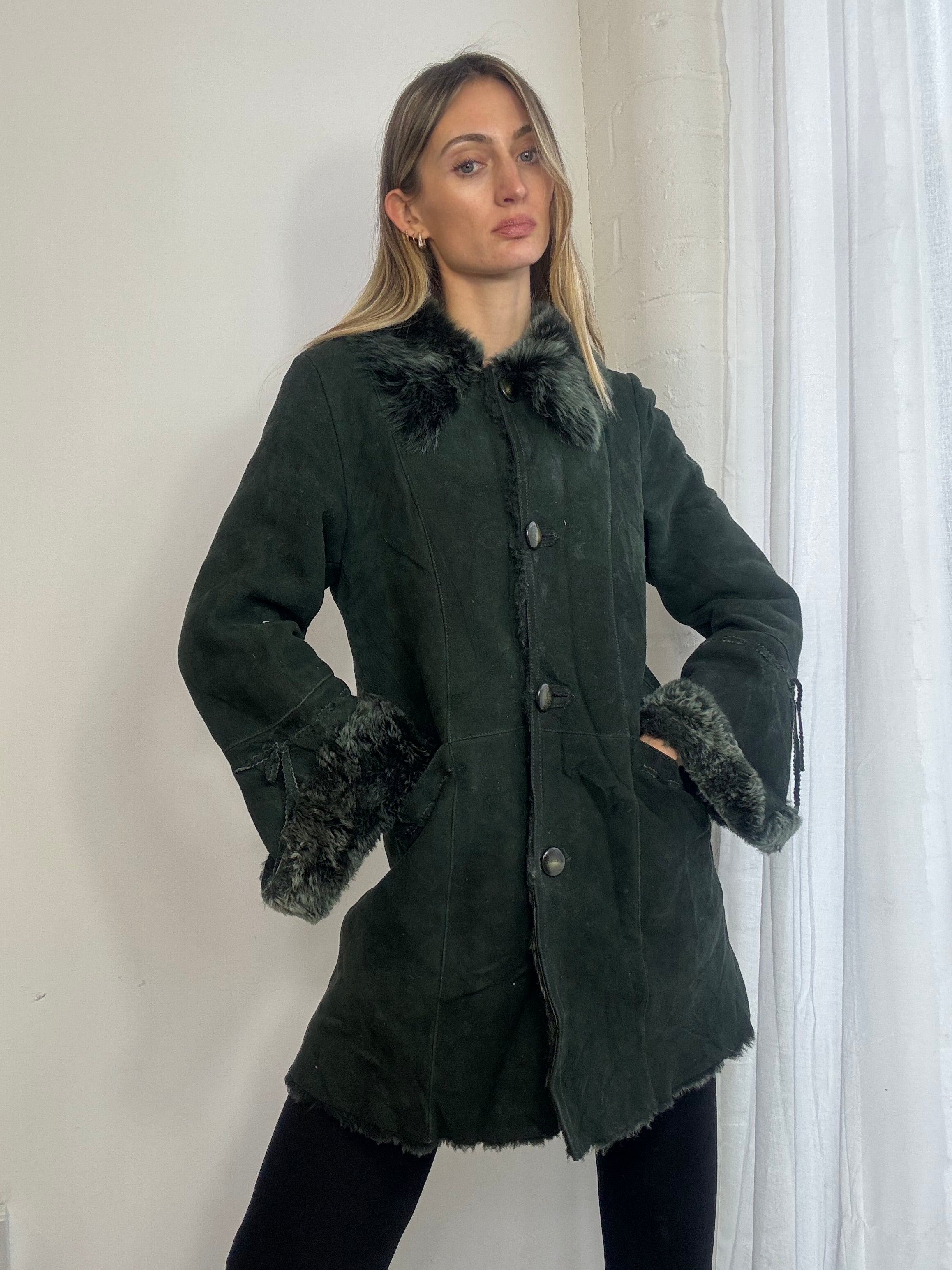 Vintage 90s dark green sheepskin suede coat