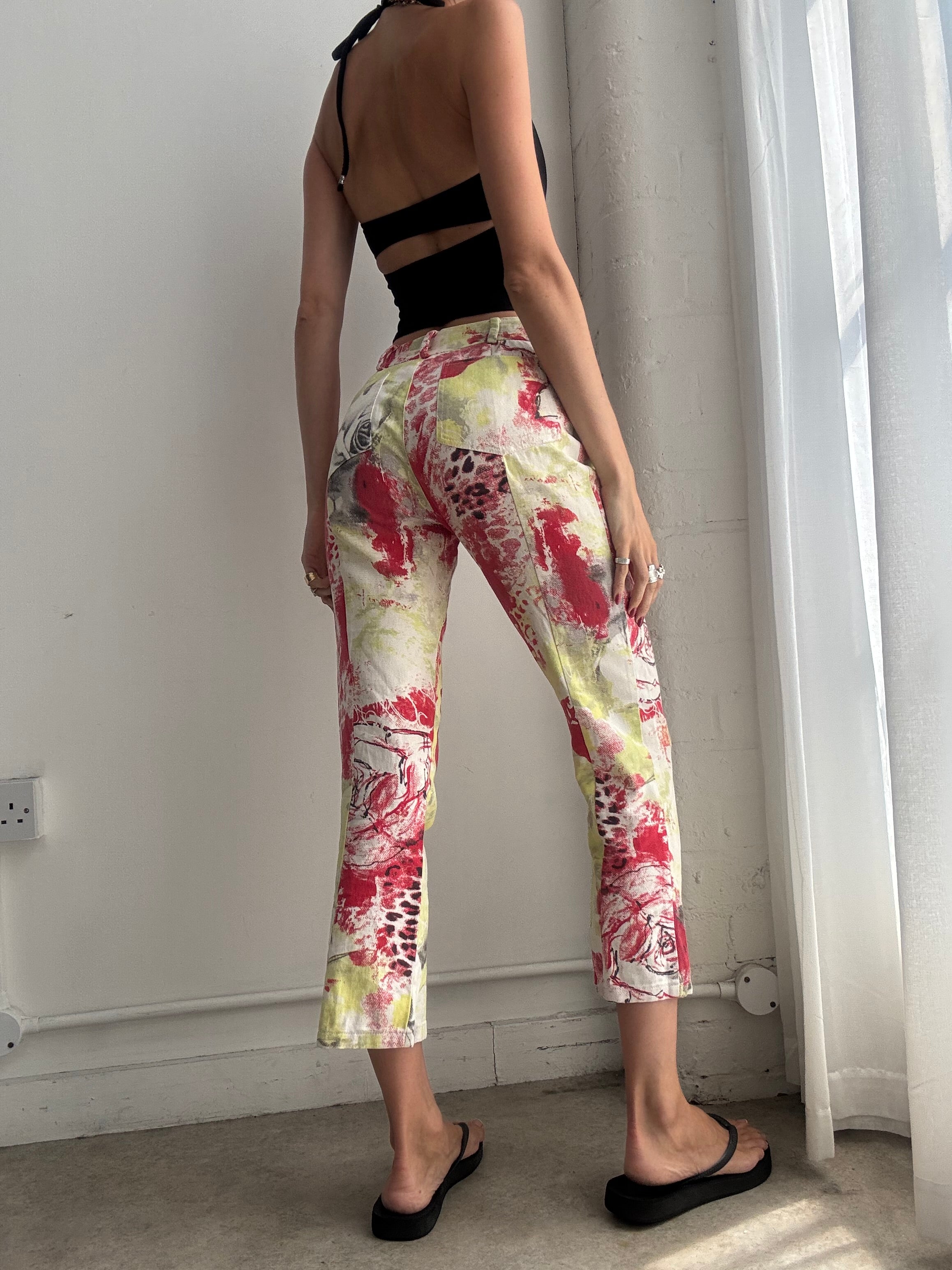 Vintage Y2K Floral Capri Trousers – Low Rise Rose Print Pants - Size XS