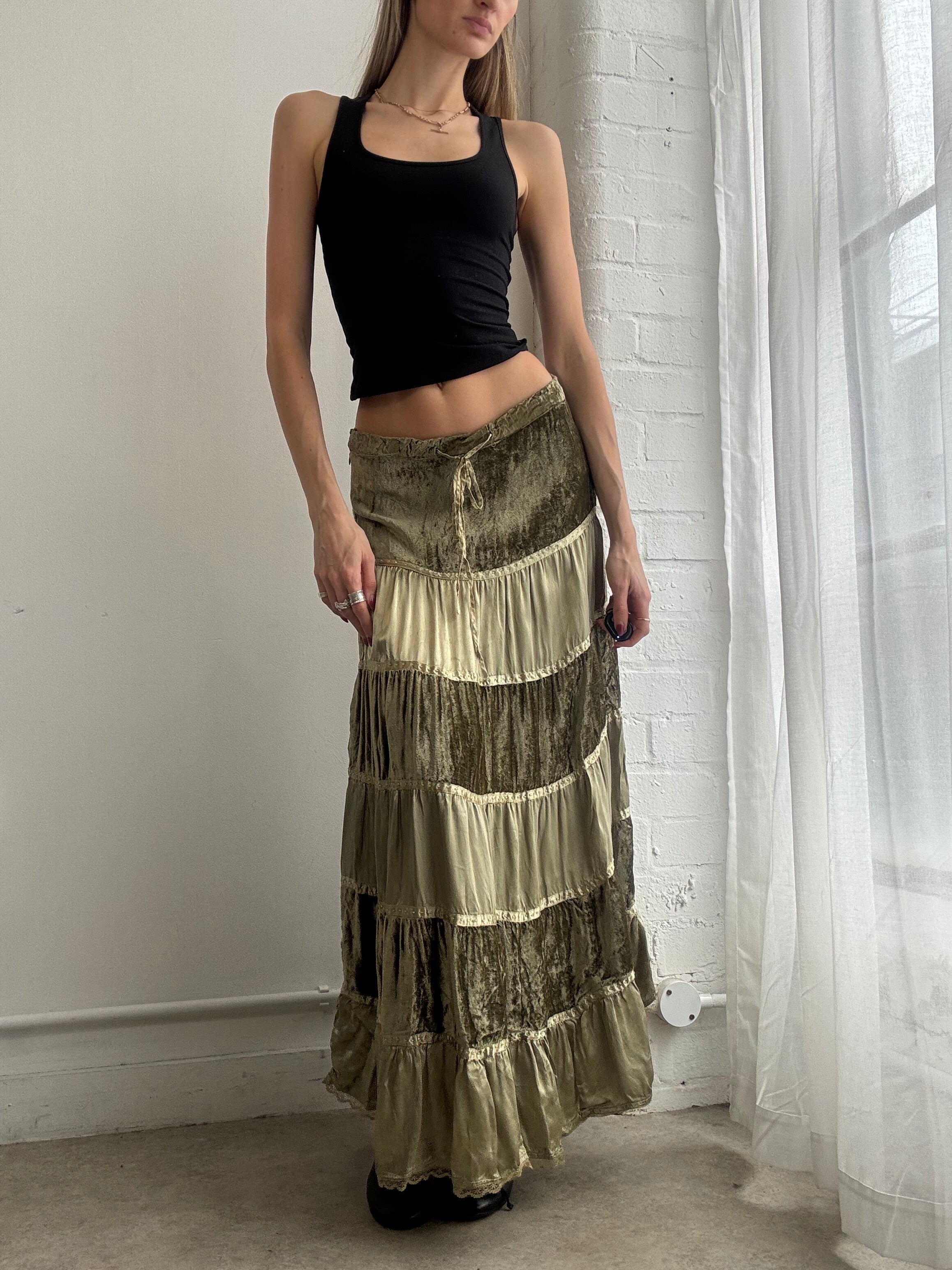 Vintage Y2K tiered olive green satin & velvet maxi skirt