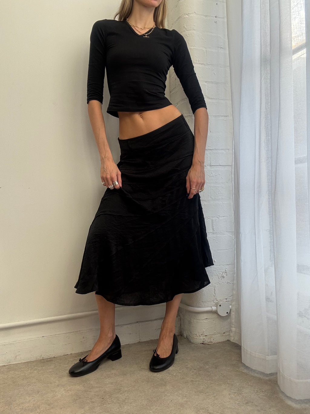 Vintage Y2K black satin midi skirt