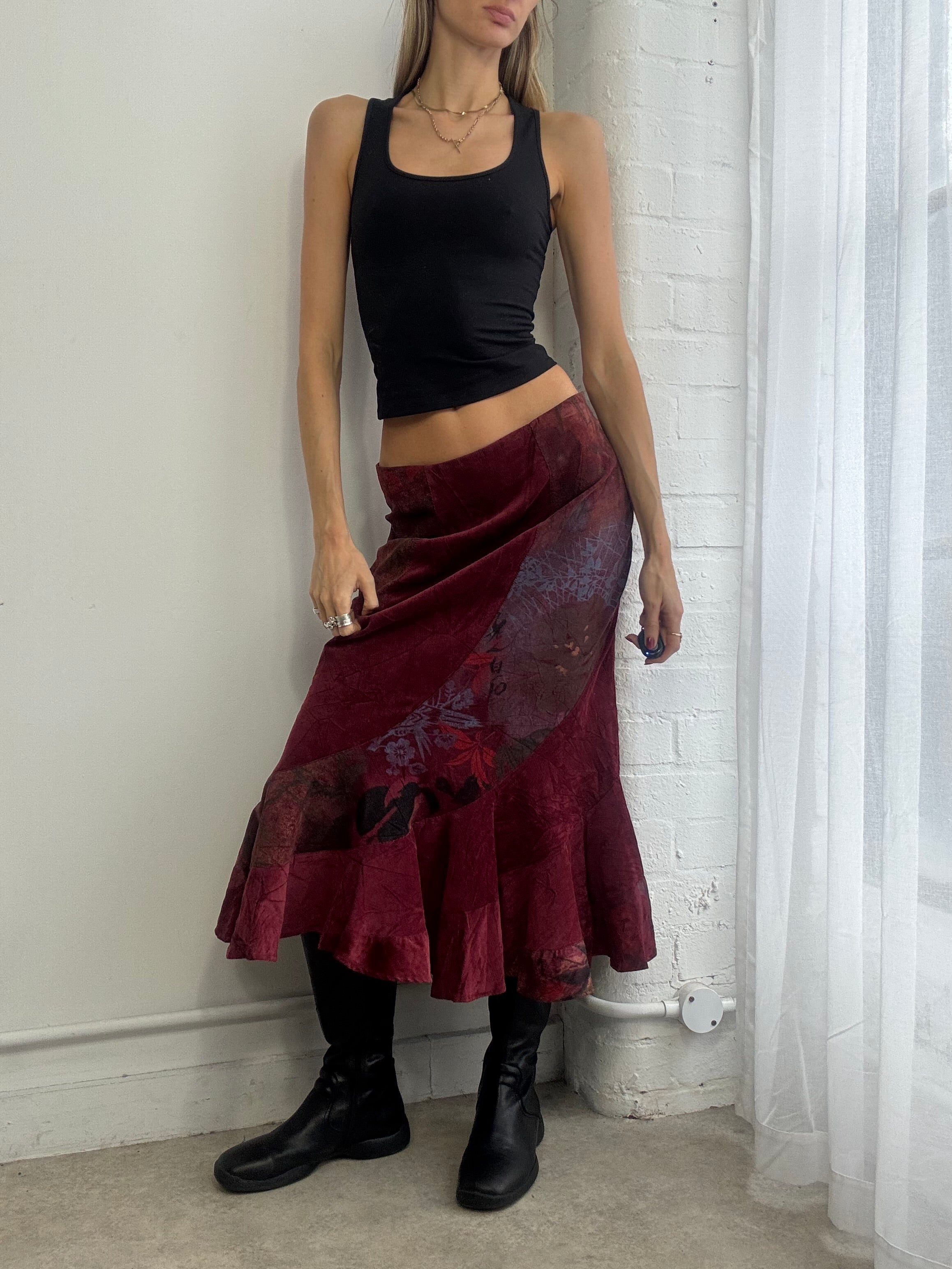 Vintage 90s red floral corduroy maxi skirt