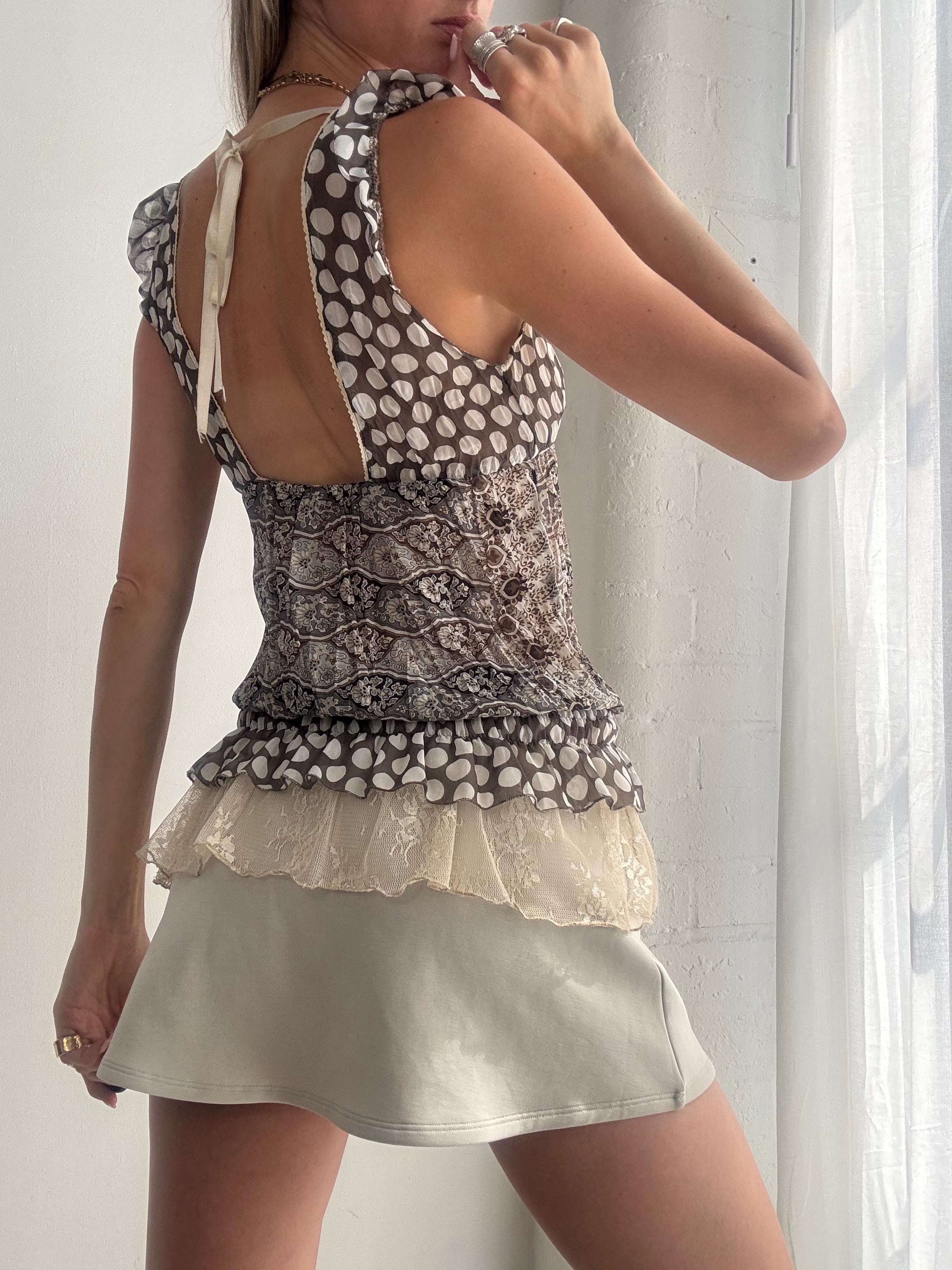 Vintage Y2K Polkadot Mesh & Lace Trim Sleeveless Top Fairy Grunge Boho - Size S