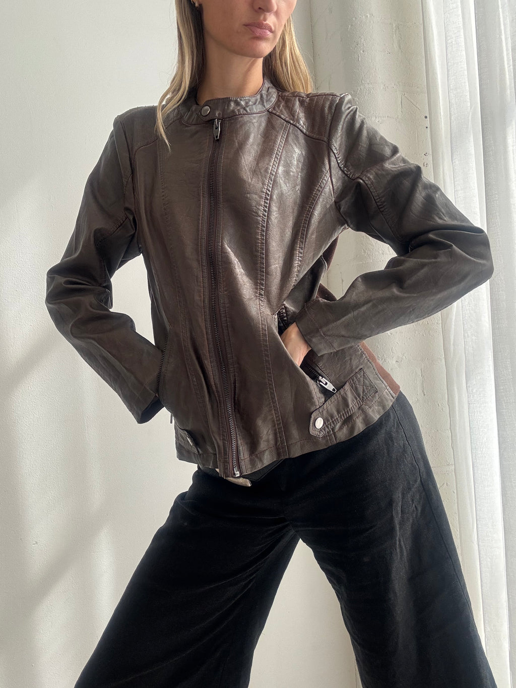 Vintage Y2K Chocolate Brown Faux Leather Biker Jacket - Size M
