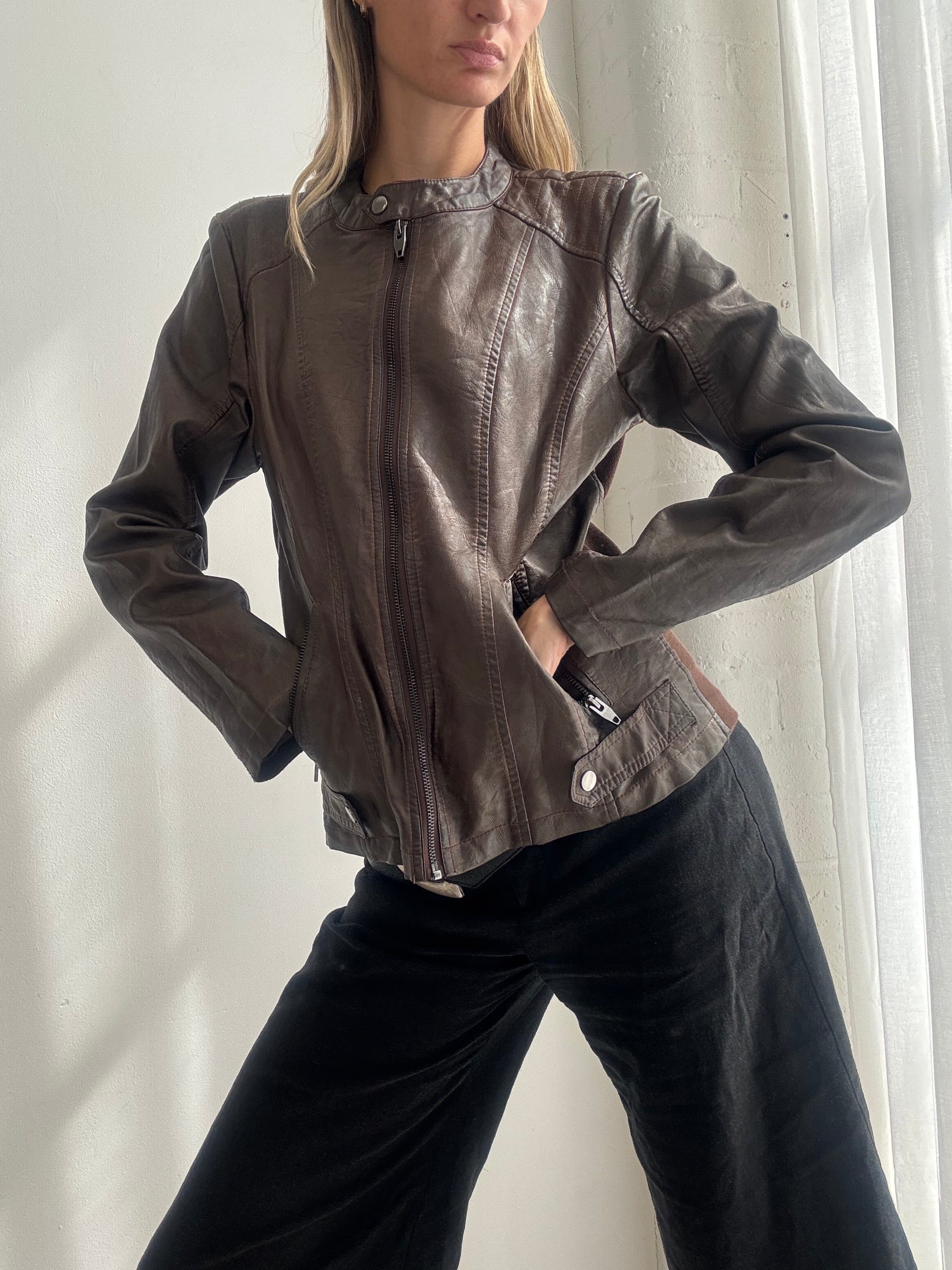 Vintage Y2K Chocolate Brown Faux Leather Biker Jacket - Size M