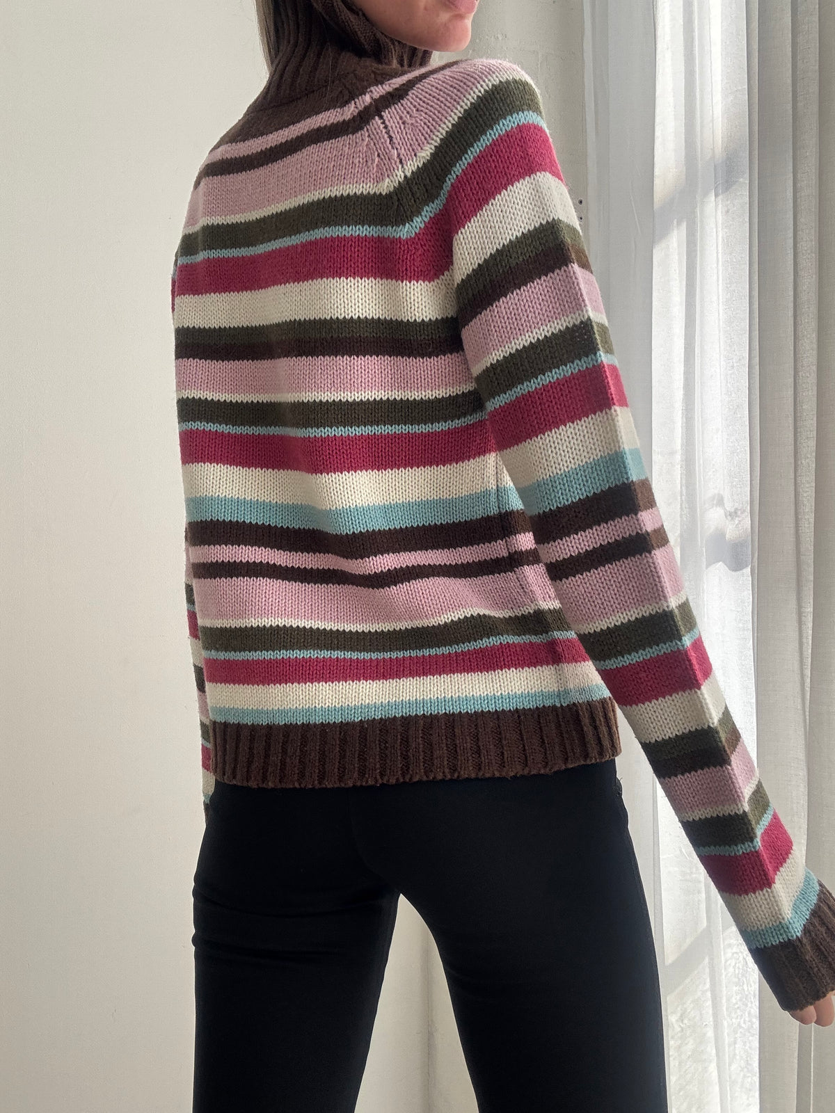 Vintage Y2K Pink & Brown Striped Zip Up Knit Cardigan - Size M