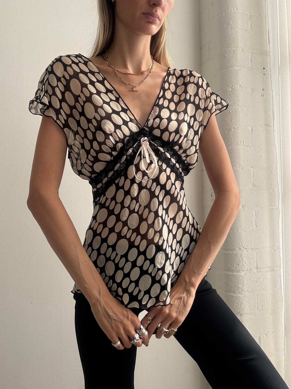 Vintage Y2K Black & Cream Polka Dot Mesh Top - Size S