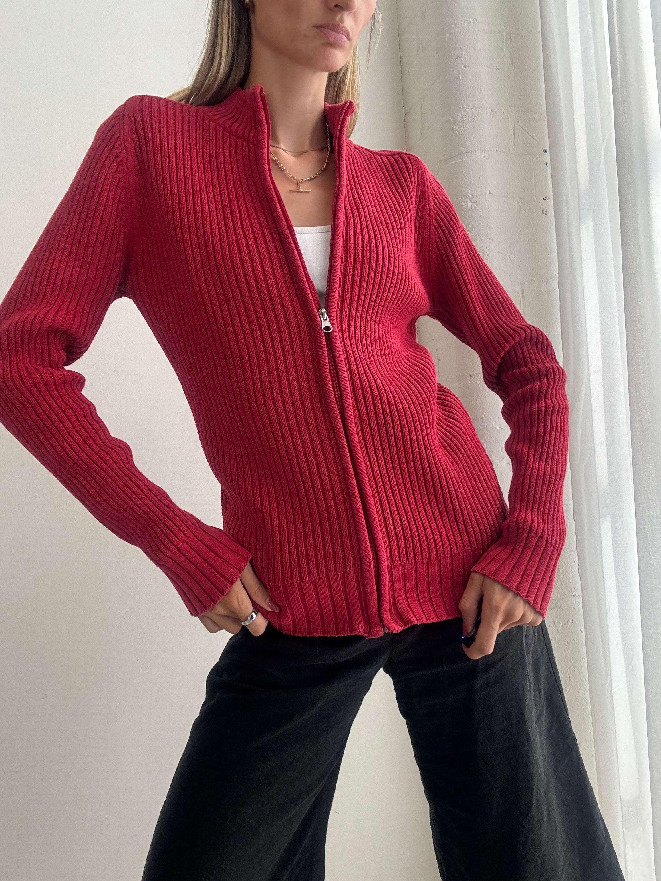 Vintage Y2K Red Ribbed Zip Up Cardigan - Size M