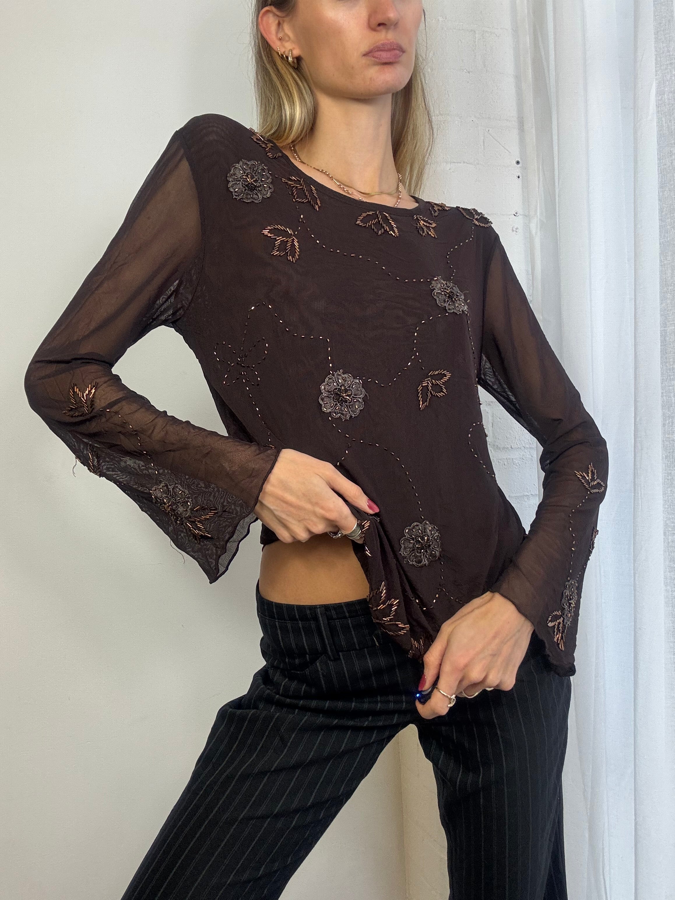 Vintage 90s brown mesh beaded floral top