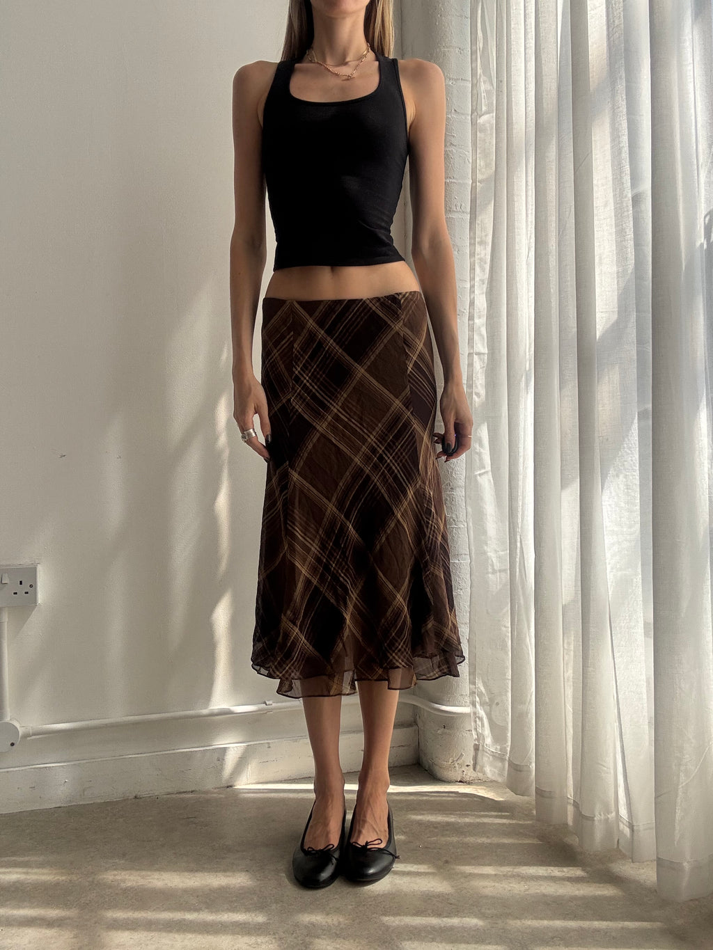 Vintage Ralph Lauren brown plaid bias-cut silk midi skirt - size M