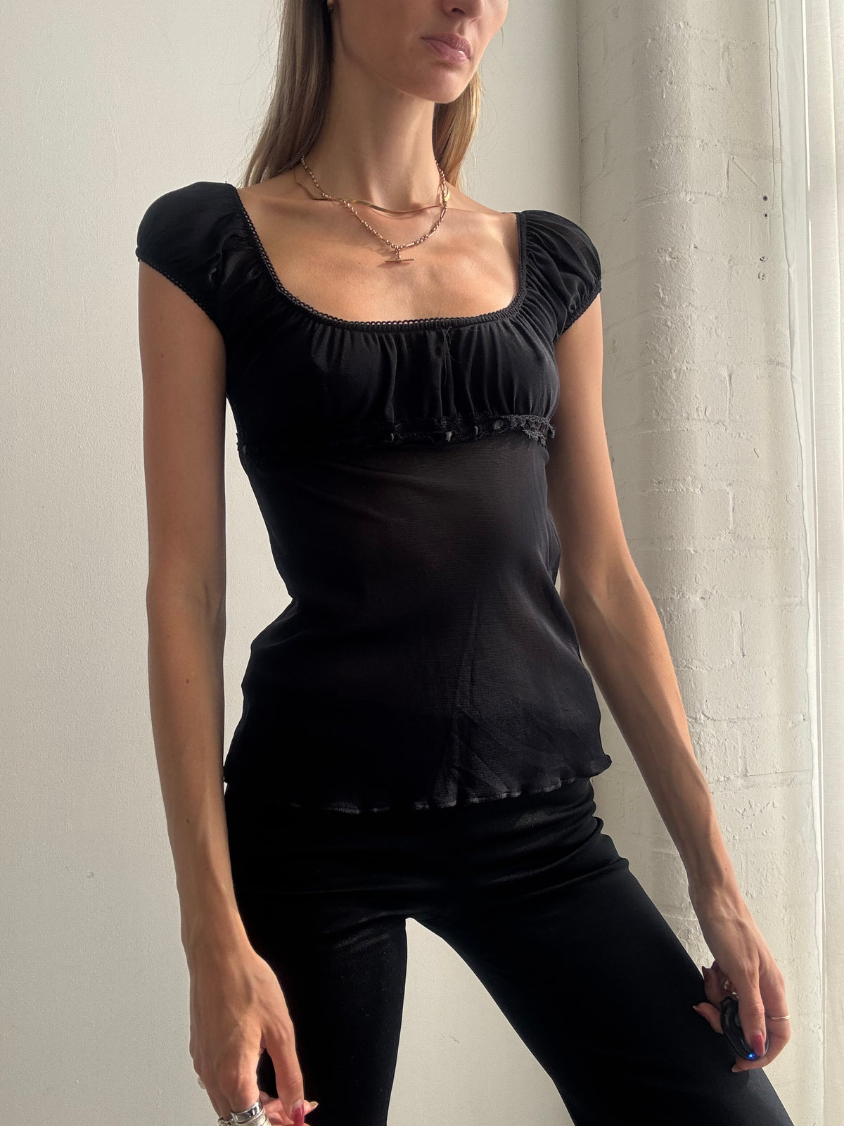 Vintage Y2K Black Mesh Ruched Cap Sleeve Top - Size XS