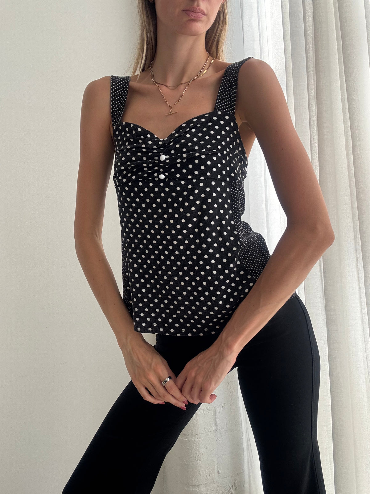 Vintage Y2K Black & White Polka Dot Cami Top - Size M