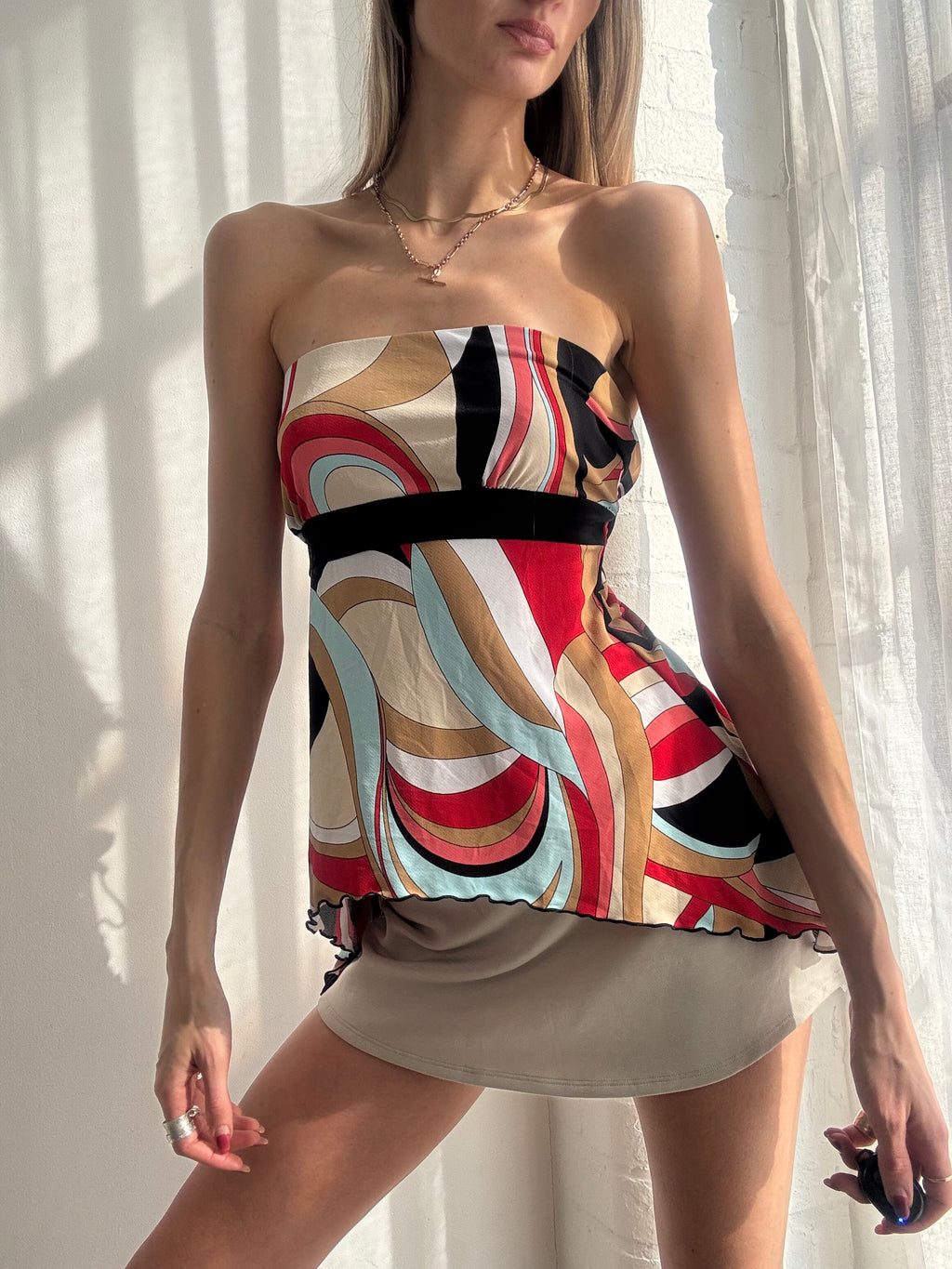 Vintage Y2K abstract print asymmetric strapless top