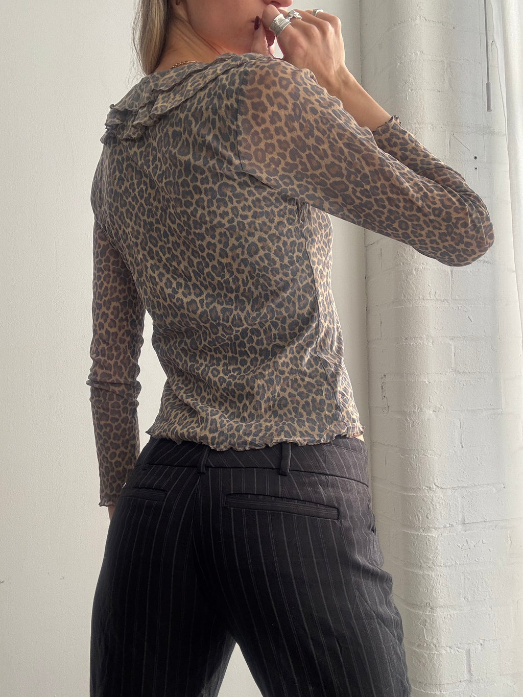 Vintage Y2K leopard print mesh ruffle top