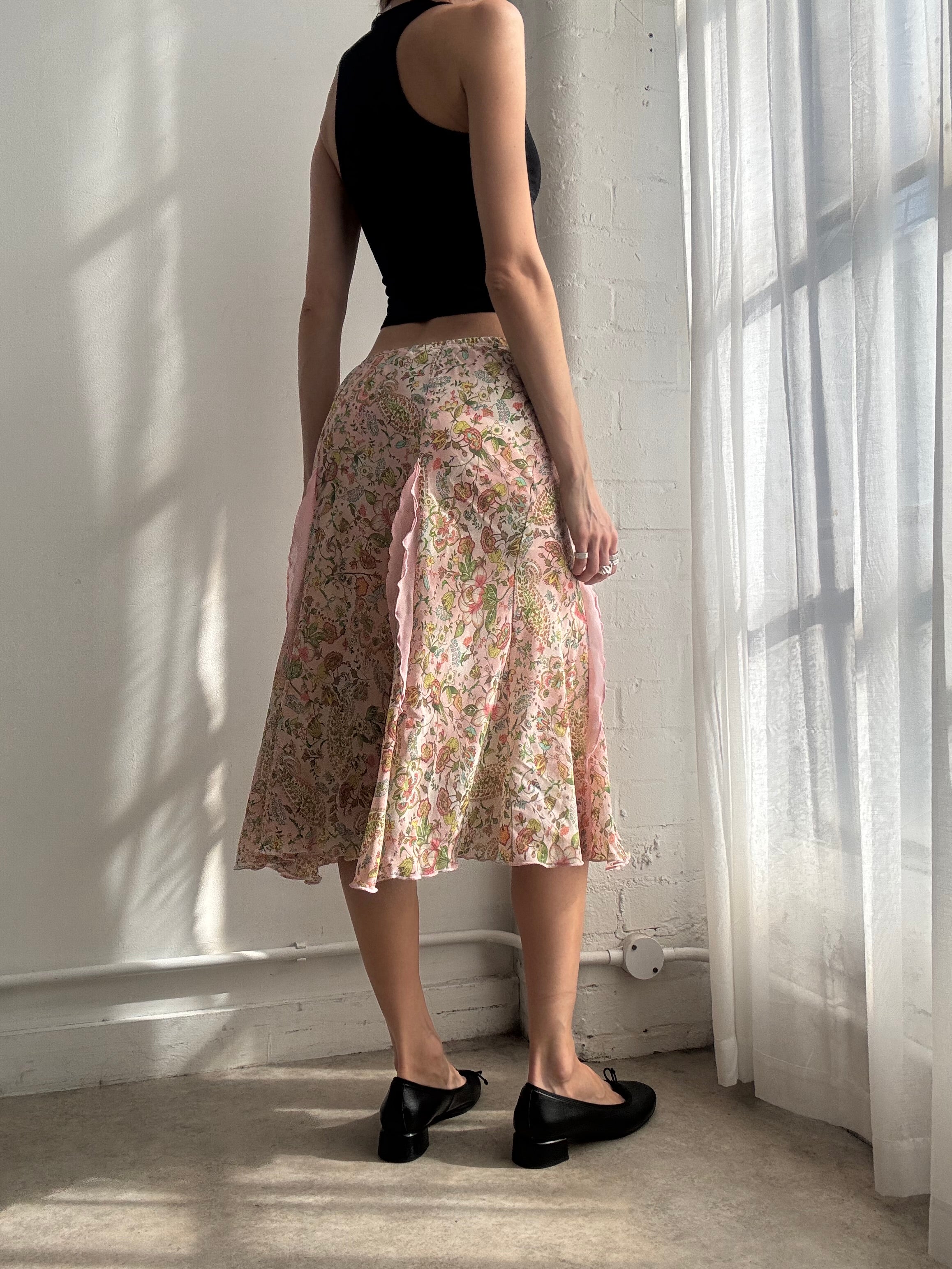 Vintage Y2K pink floral ruffle midi skirt