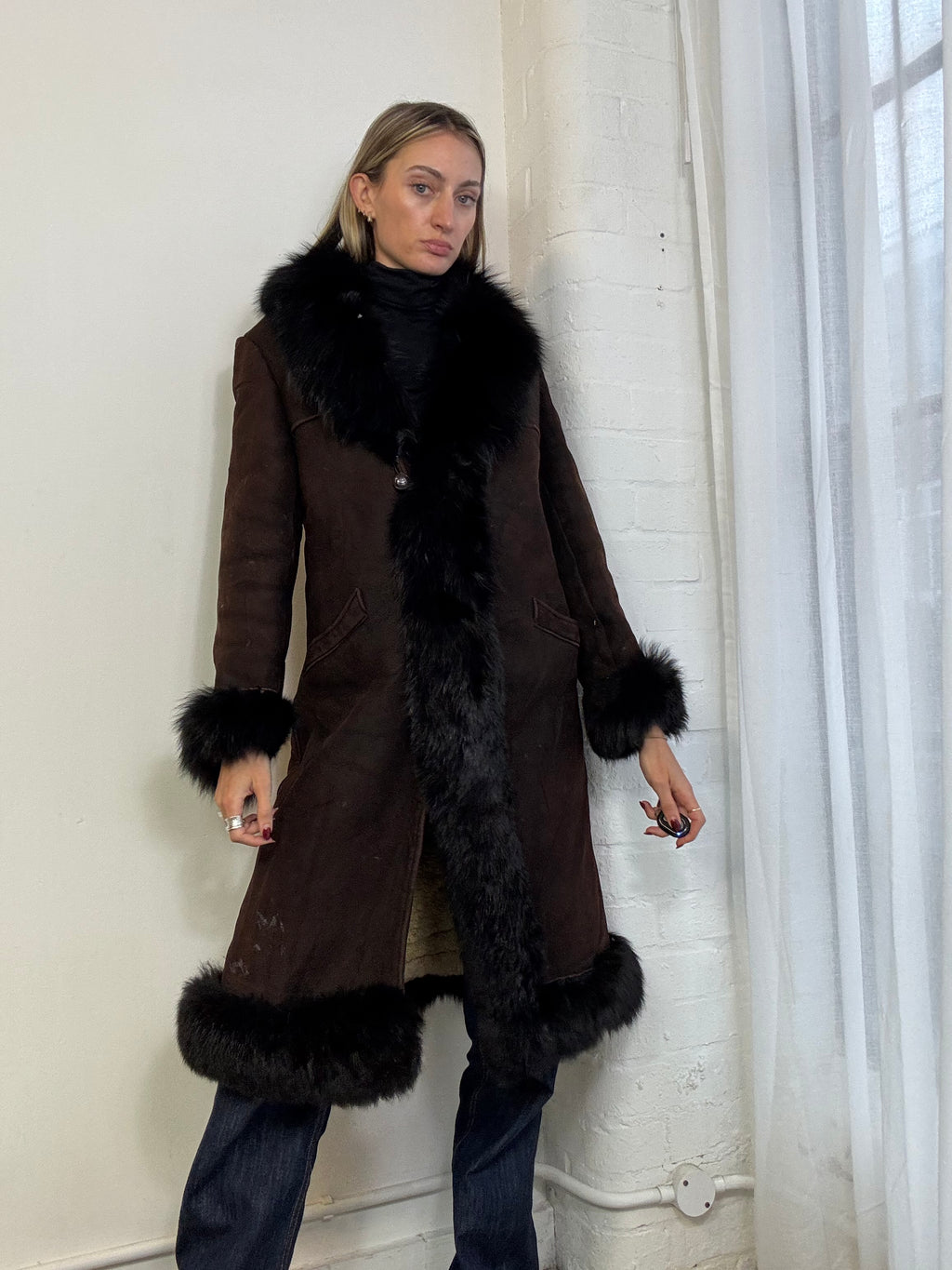 Vintage 90s long sheepskin suede & fur coat brown